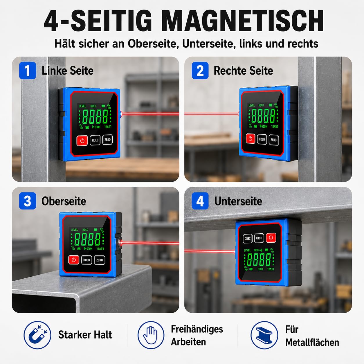 Digitale Wasserwaage mit Kreuzlinien-Ausrichtung, 4-seitig Magnetischer Digitaler Winkelmesser, USB-C Wiederaufladbar, LCD Display Präzisionsmessgerät für Holzbearbeitung, Montage & Bau