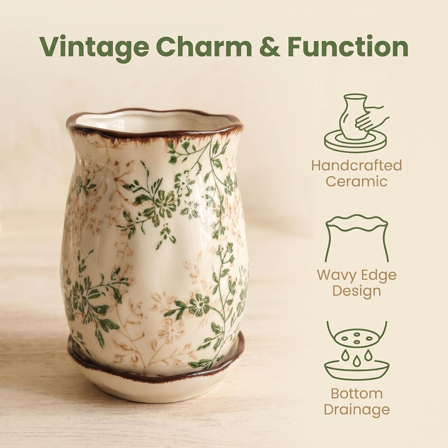 Kitchen Ceramic Utensil Holder with Drainage Hole and a water receiving dish,5.9" Exquisite Chinoiserie Floral small Utensil Holder and Crock for Countertop spoon holder for kitchen