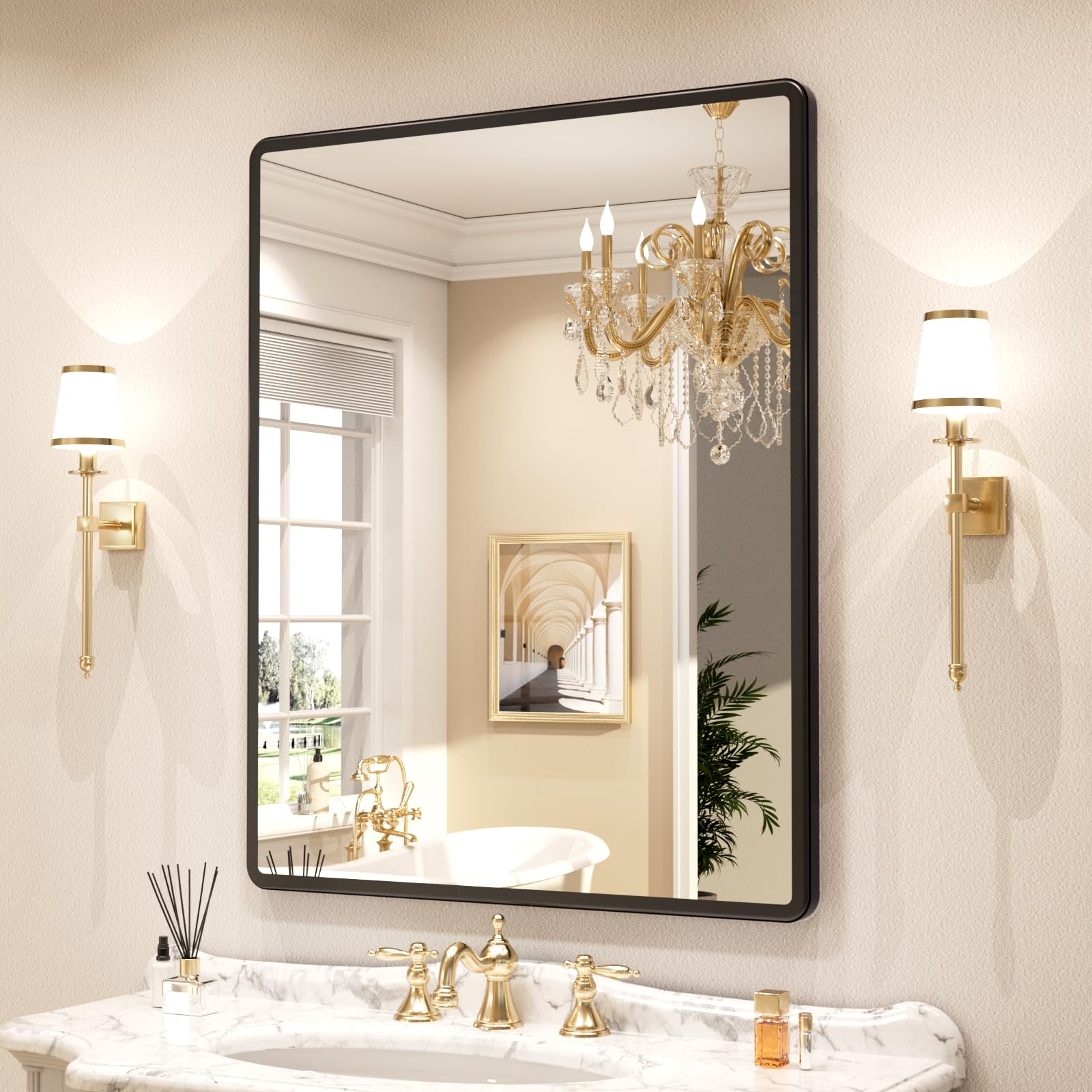 New Upgrade 30X36 Inch Wall Mounted Bathroom Mirror, Black Metal Frame Rounded Rectangle Mirror, Bathroom Vanity Mirror with Tempered Glass for Washroom Bedroom Living Room