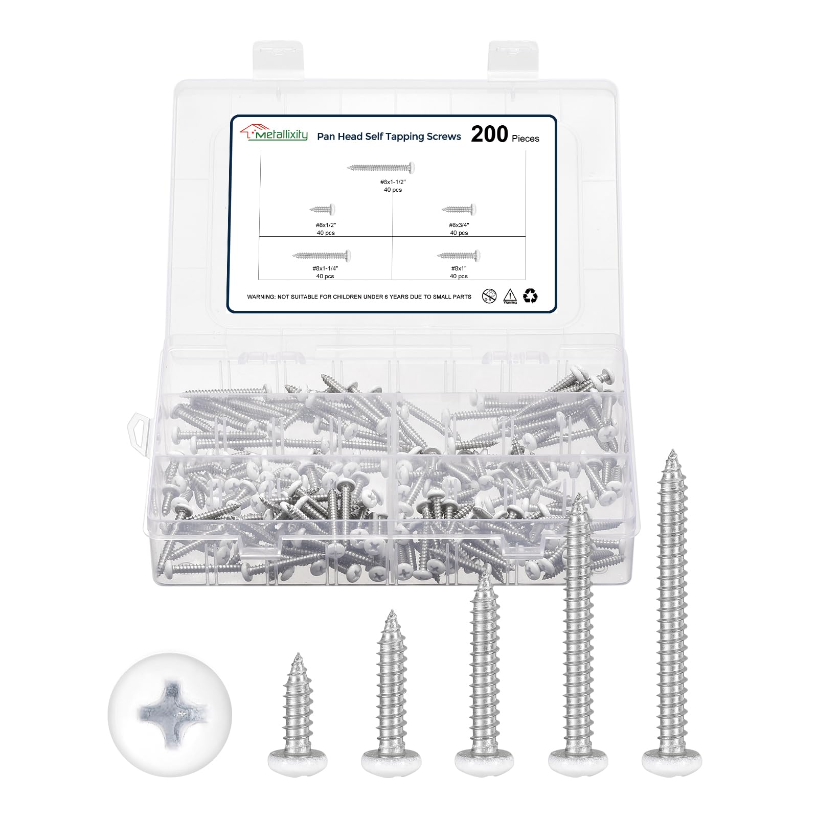 METALLIXITY Phillips Pan Head Self Tapping Screws(#8) 200Pcs, 304 Stainless Steel Self Drilling Screw Assortment Kit for Metal Wood Plastic, for Cabinet Wall Shutter Plate Rock, Silver White — image 1