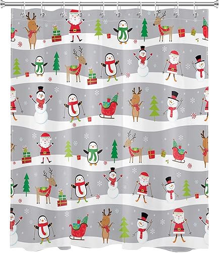 Miniatura 1 de HVEST Divertida cortina de ducha de Navidad, lindo Papá Noel, pingüino, muñeco de nieve, alce, cortina de ducha con estampado de dibujos animados