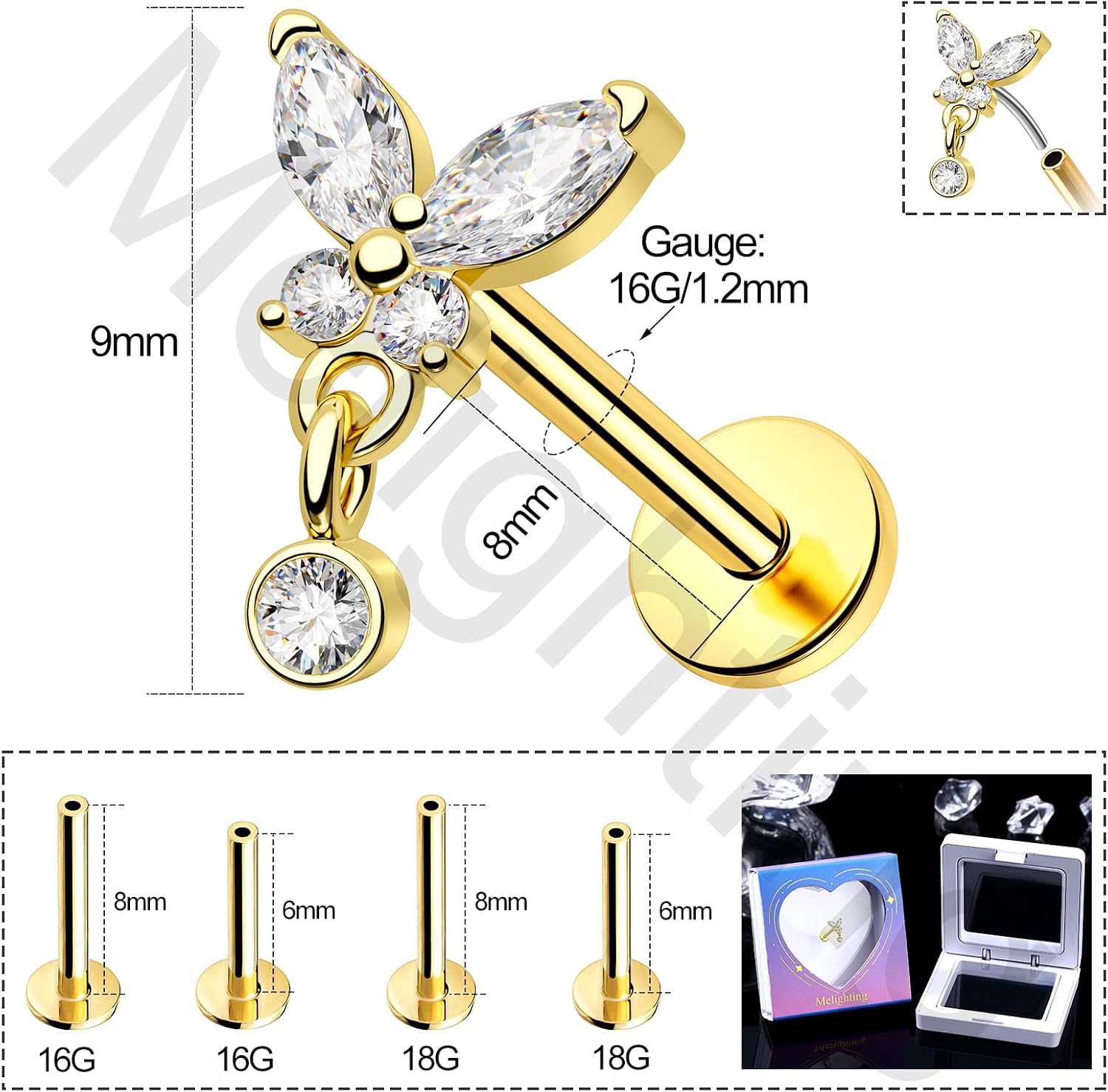 Melighting 14K Solid Gold Butterfly Flat Back & Dangle Threadless Earring 16G & 18G Gold Butterfly Cartilage & Tragus Piercing Jewelry Helix Earring for Women