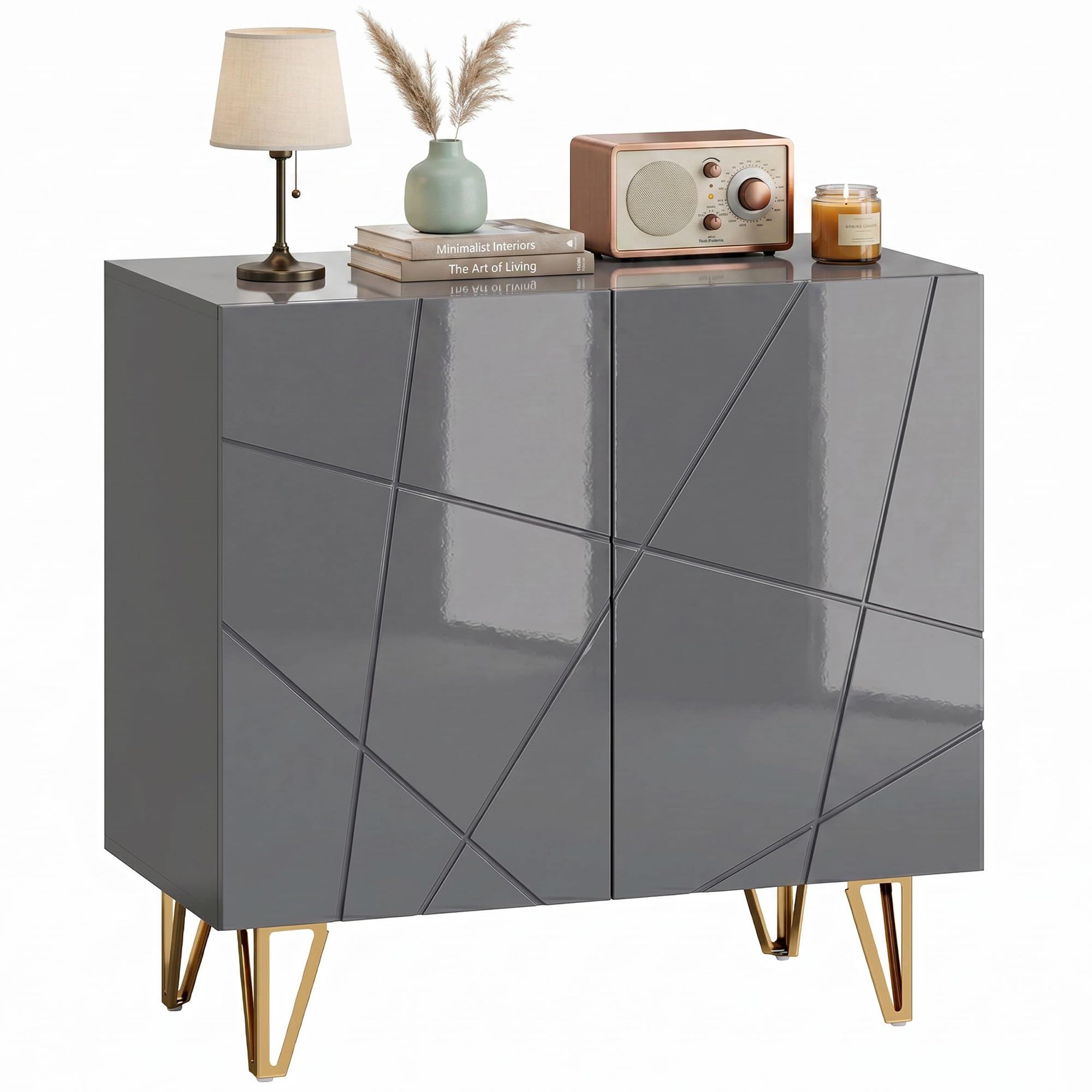 HOMCOM Storage Cabinet, High Gloss Sideboard, with Adjustable Shelf, Grey