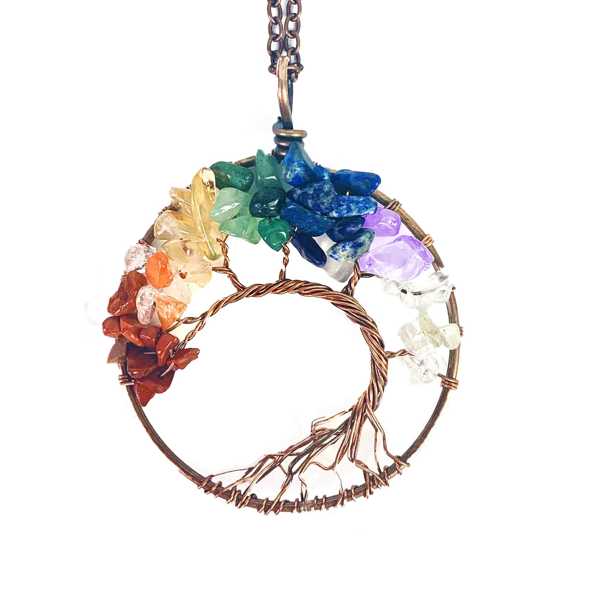 AtPerry's Tree of Life Pendant Necklace for Women - Chakra Gemstone Jewelry with Amethyst Citrine Lapiz Lazuli Red Agate Clear Quartz Green Aventurine