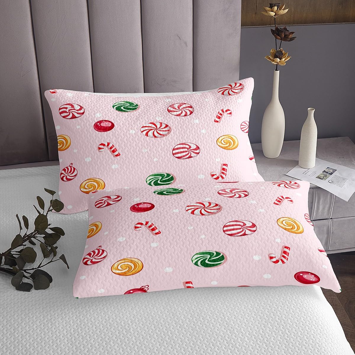 Erosebridal Candy Cane Coverlet Set King Size Xmas Candy Bedding Set for Kids Boys Girls Dots Red Delicious Dessert Quilted Coverlet Pink Merry Christmas Quilted