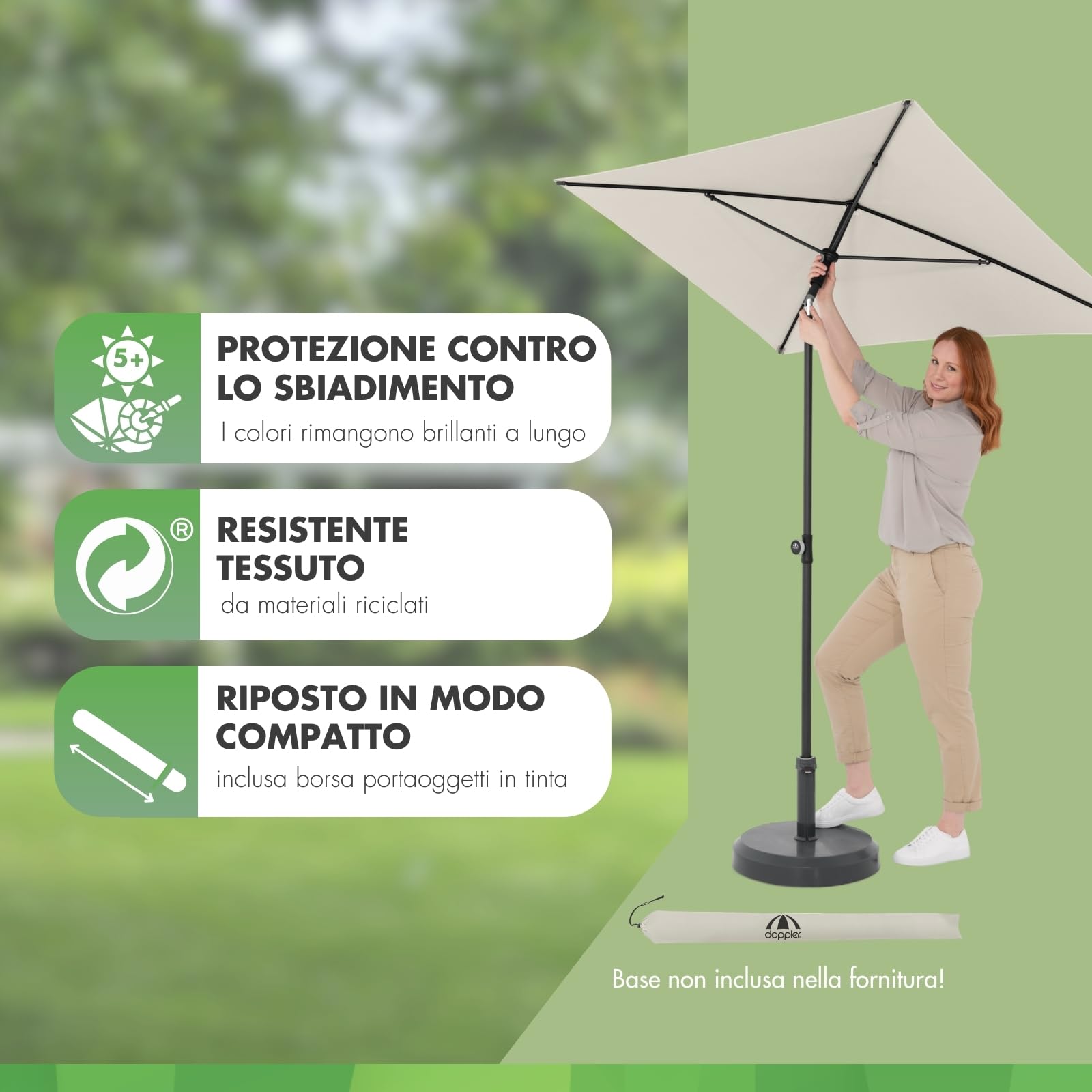 Doppler Parasole Rethink I 180x120cm al naturale I inclinabile per balcone e terrazza I sostenibile I con apertura a mano I Con copertura