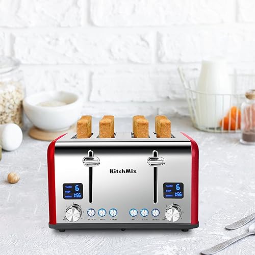 Miniatura 8 de Tostadora de acero inoxidable con temporizador LCD, ranuras extra anchas, pantalla doble, bandeja de extracción de migas (rojo)