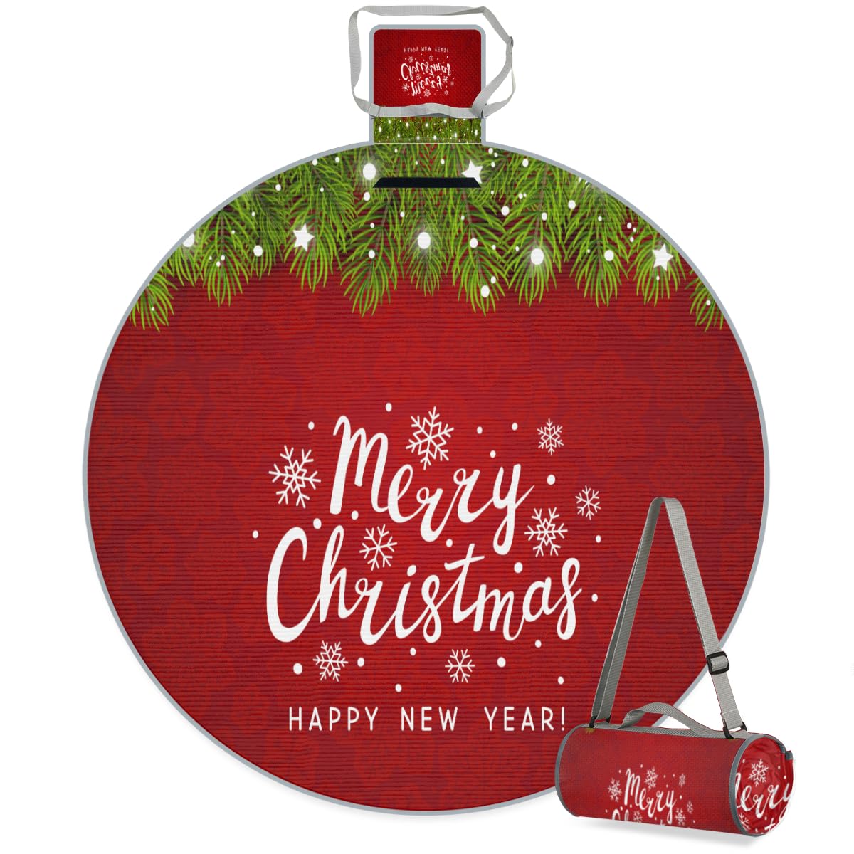Shimoshe Merry Christmas New Year Pattern Picnic Outdoor Blanket Foldable Waterproof Sandproof Beach Blanket Portable Water-Resistant Round Picnic Mat for Travel Camping Park Lawn