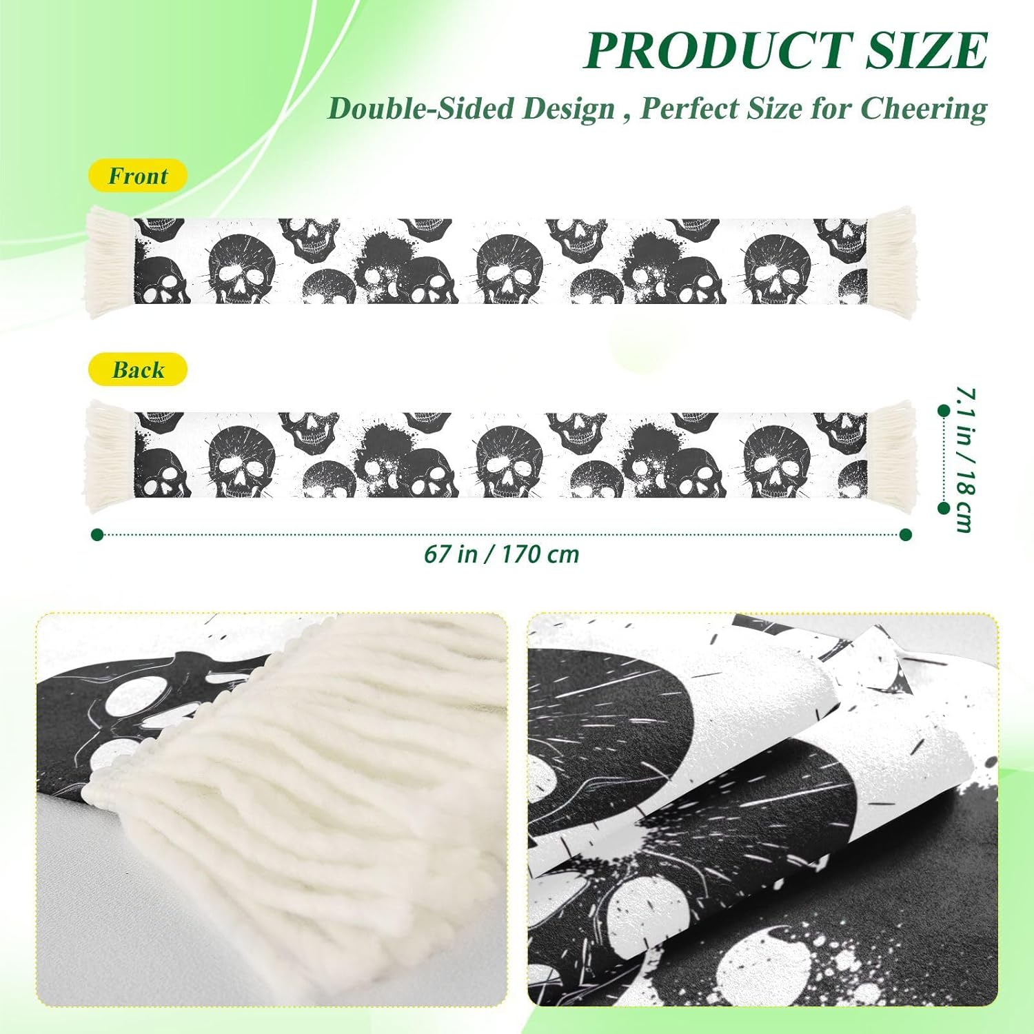 CHIFIGNO Black Skull White Soft Absorbent Scarf for Sports Fans, for Wiping Sweat at Games and Showing Support