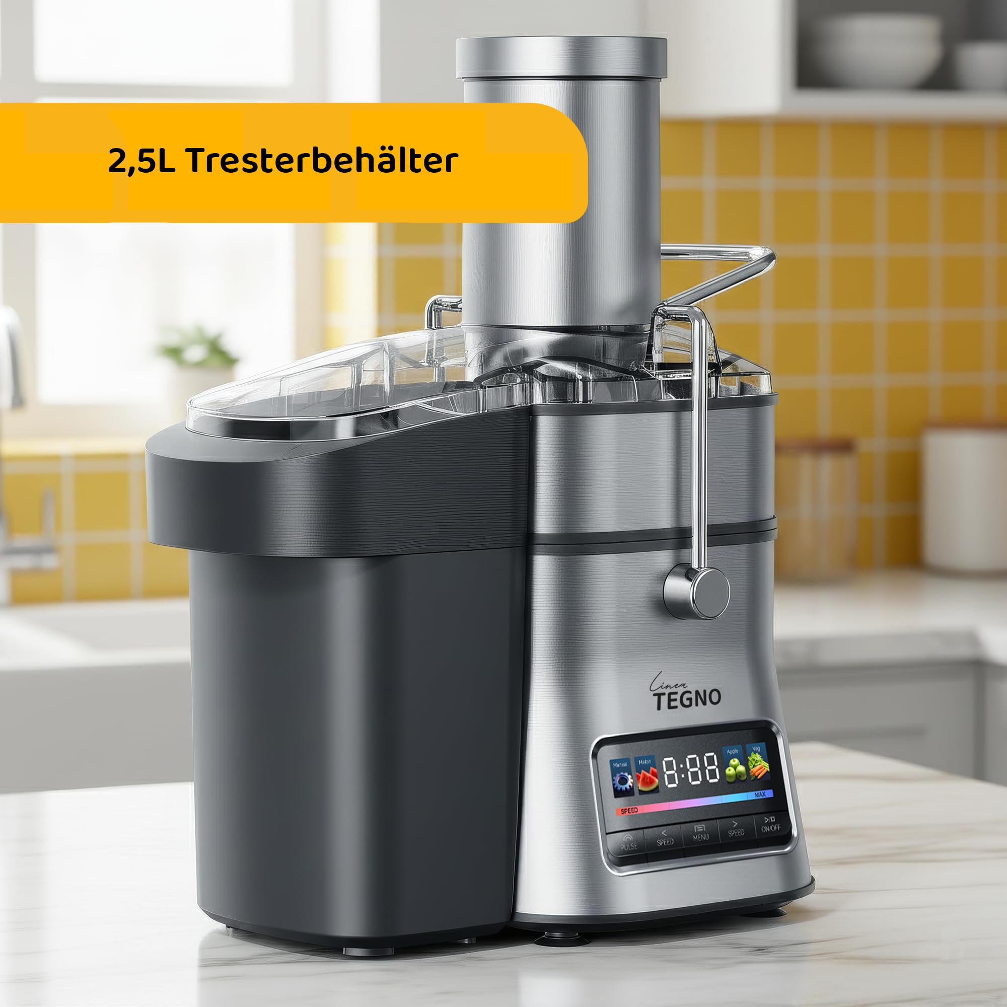 Super Juicer - Linea Tegno - Professioneller Edelstahl Entsafter - Entsafter für Obst und Gemüse - 1500W - Extra große Einfüllöffnung - 2,5L Fruchtfleischbehälter - 1L Saftbecher, LED-Farbdisplay