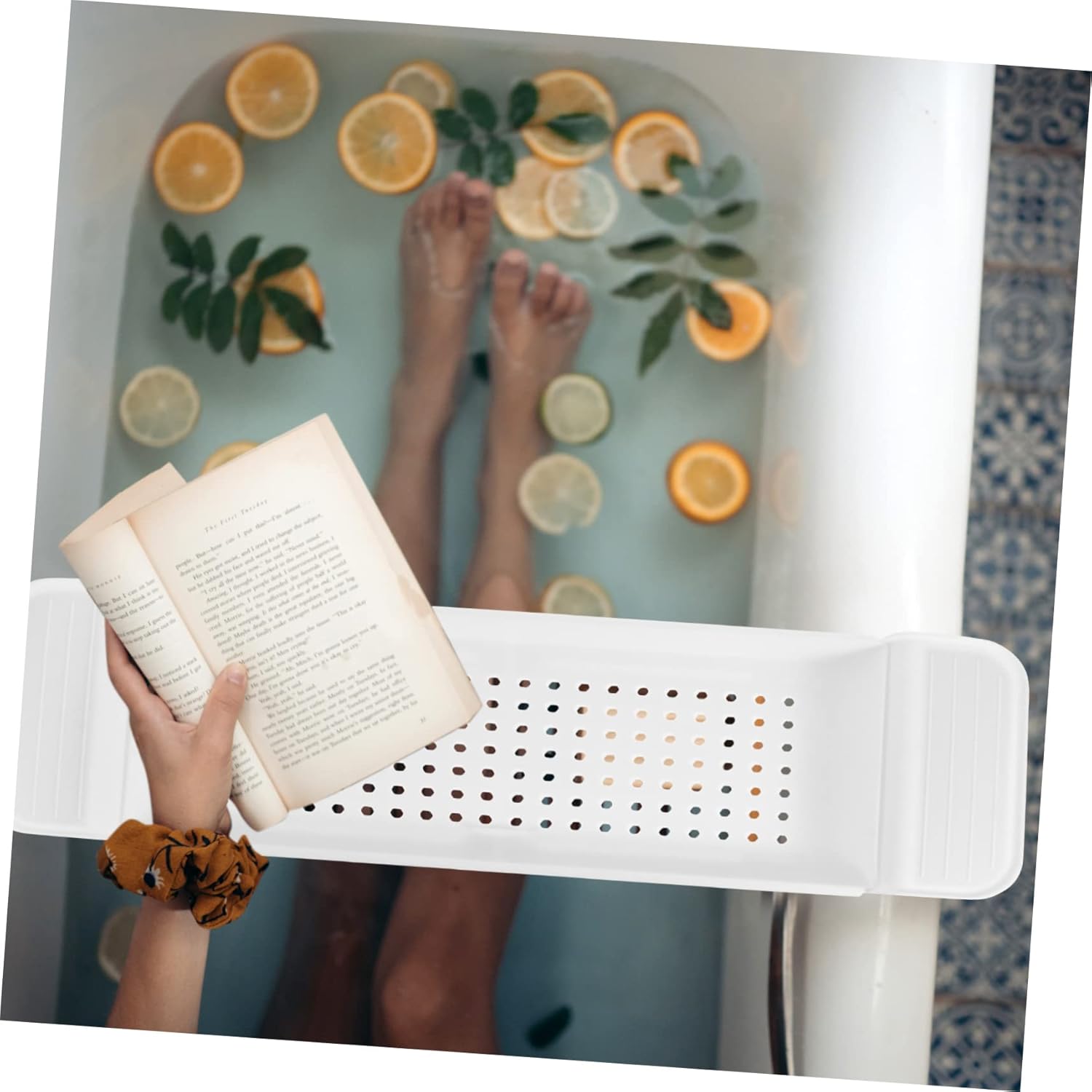 Cabilock Expandable Bathtub Serving Tray Telescopic Plastic Bathroom Shelf with Wine and Phone Holders Versatile Storage Rack for Bath Accessories Present for Homeowners