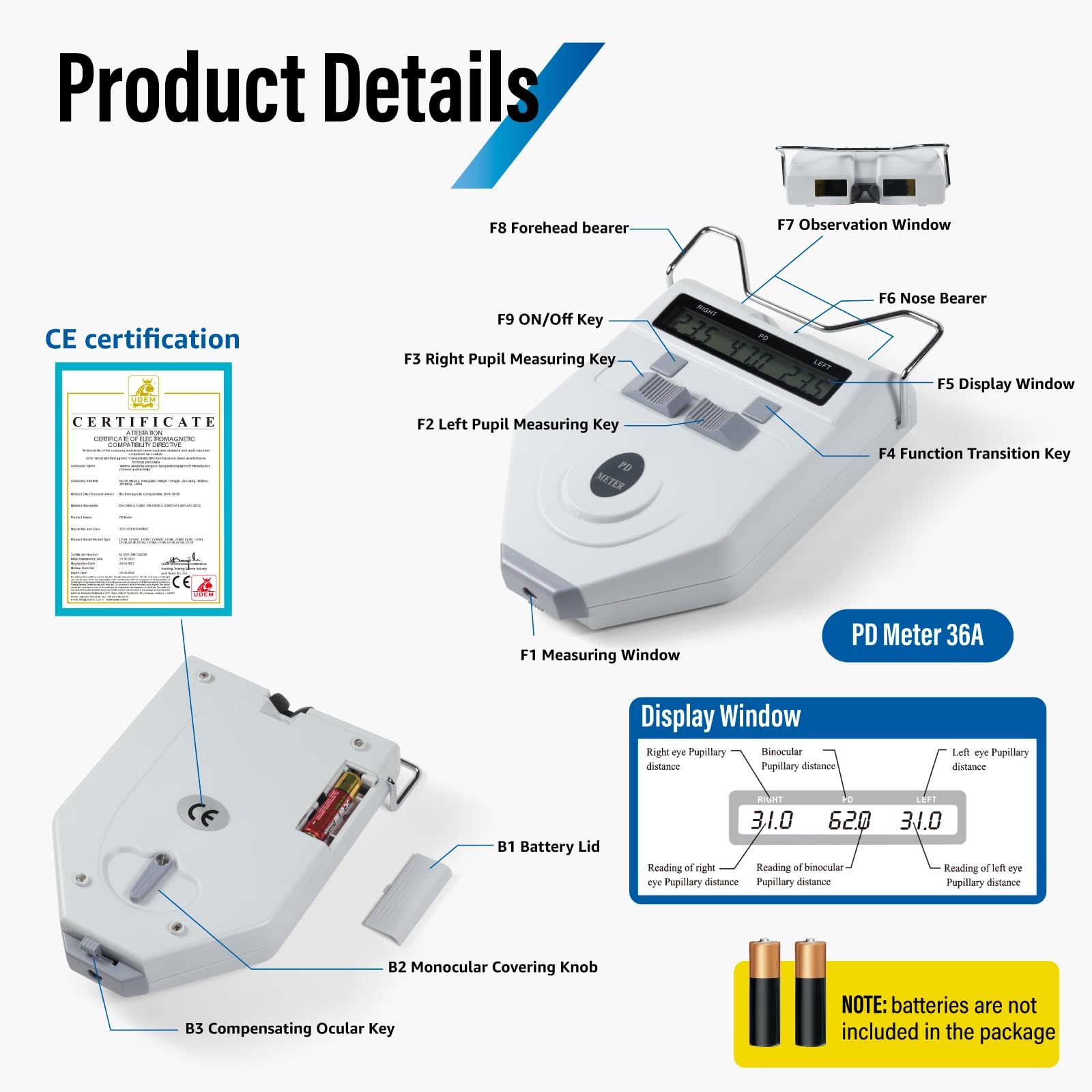 Eye Pd Meter Pupilo - Pupilómetro digital óptico LED, lámpara de objetivo, medidor de distancia interior, precisión de 0,1 mm, certificación CE 9A