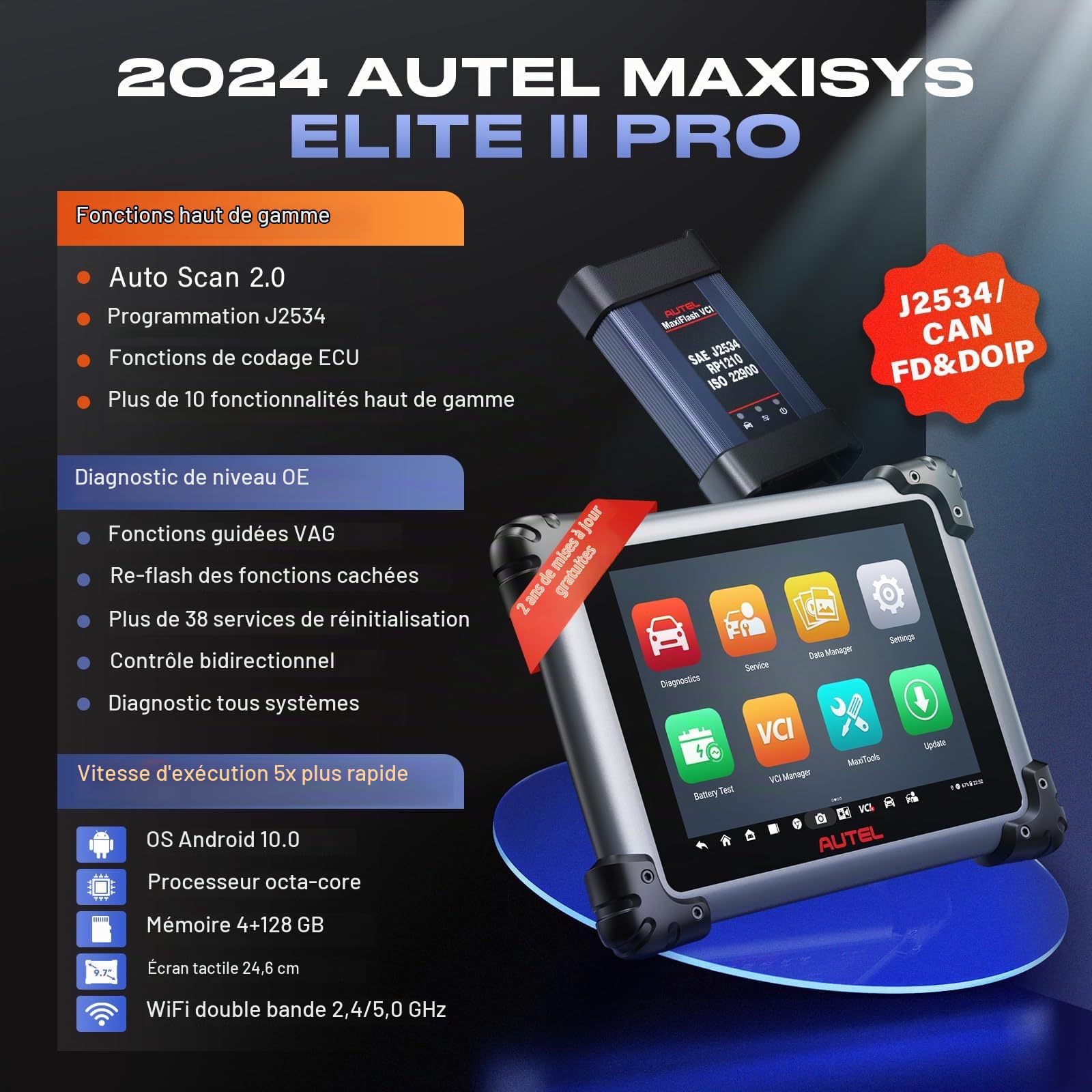 Autel MaxiSys Elite II Pro Scanner: 2 Ans de Mise à Jour Gratuite, Mise à Niveau du MS909/MS919/MS Ultra/MS908SPro II Outil de Diagnostic, J2534 Reprogrammation ECU&Codage OE, CANFD&DoIP, 38+ Service