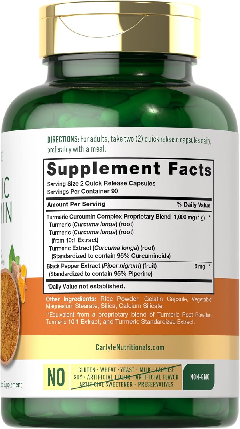 Carlyle Turmeric Curcumin with Black Pepper 1000mg | 180 Capsules | Turmeric Complex Supplement | Non-GMO, Gluten Free
