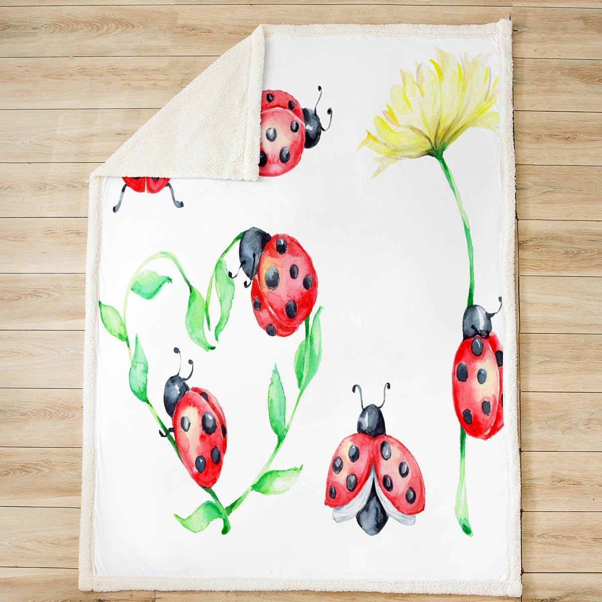 Homemissing Coperta in pile a forma di coccinella, per bambini, con fiori e coccinelle, coperta in peluche per letto e divano, coperta in pile Sherpa, decorazione per la stanza, 228 x 228 cm