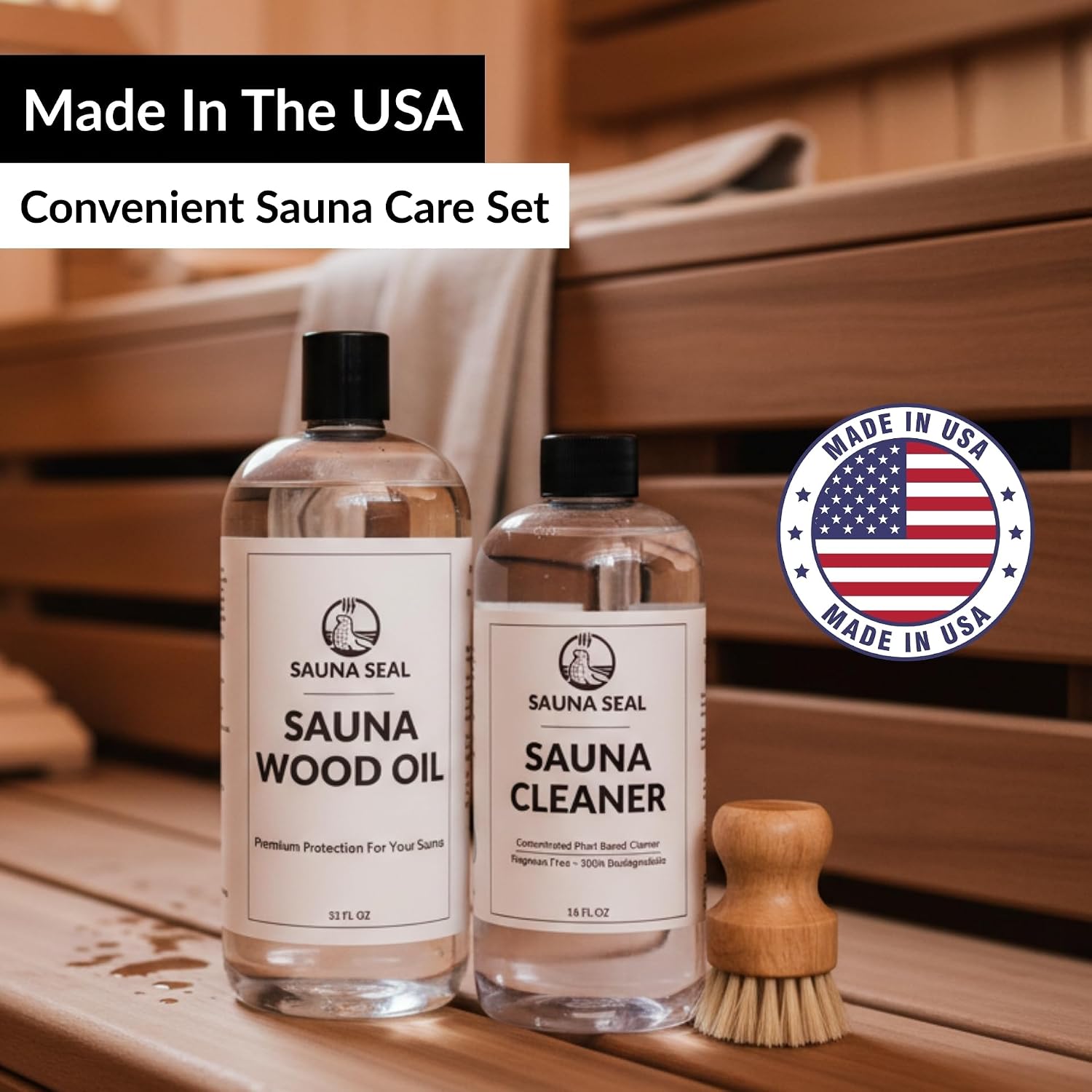 Sauna Care Set - Sauna Wood Oil, Sauna Cleaner and Scrub Brush - Cleans & Nourishes Sauna Wood | for Traditional & Infrared Saunas