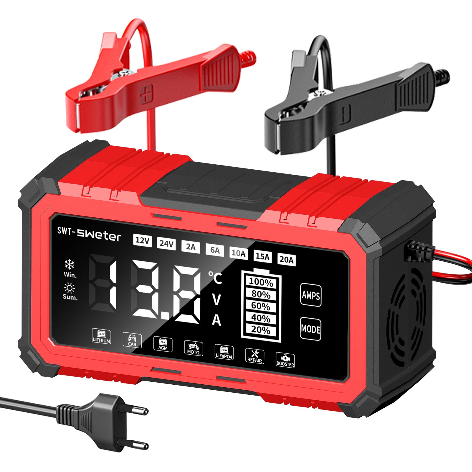 20A Autobatterieladegerät, 12V/24V Lifepo4 Blei-Säure Ladegerät, Intelligentes Erhaltungsgerät für AGM, Auto, Motorrad, Boot, Wohnwagen