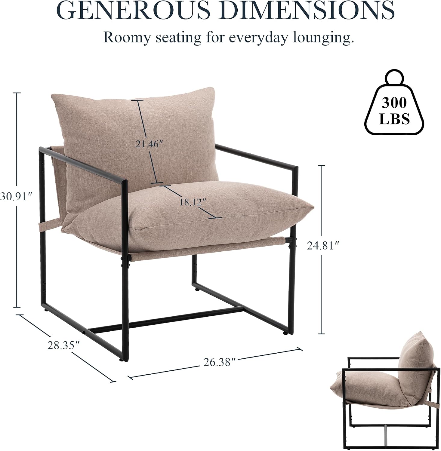 Modern Accent Chair, Upholstered Reading Sling Chair with Metal Frame and Soft Cushion,Stylish Lounge Armchair for Living Room, Bedroom or Office Seating, Oatmeal