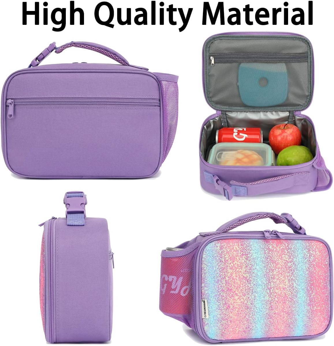 Insulated Lunch Box for School, Thermal Reusable Durable Freezable Lunch Bags for Kids Boys Girls Men Women - Small Soft Cooler Portable Lunch Tote Kit for Work Picnic Travel,Purple Glitter - Image 5