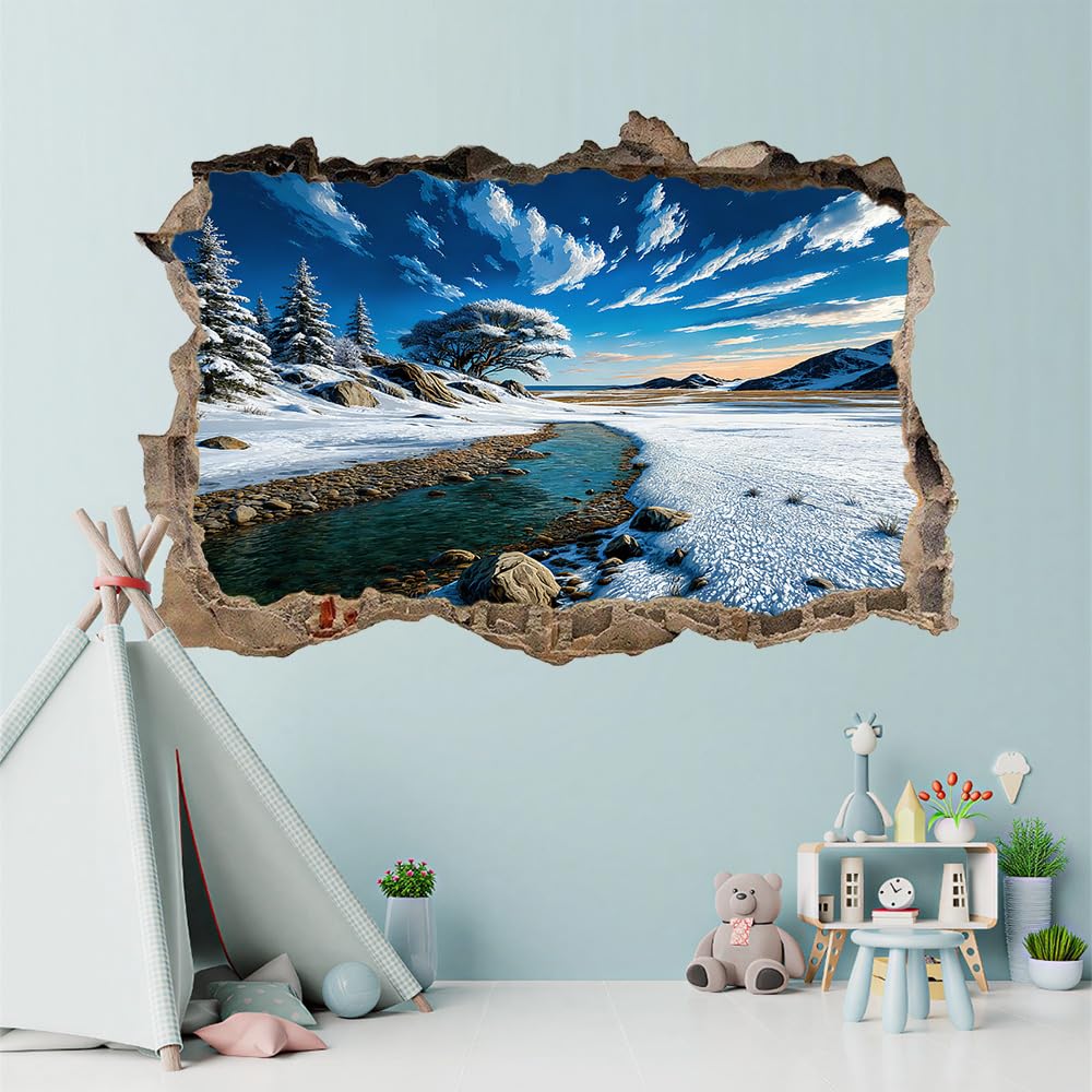 Wandtattoo 3D Durchbruch Fluss Wandsticker Wanddekoration selbstklebend Winterliche Naturlandschaft Wandaufkleber Deko Schlafzimmer Wohnzimmer Kinderzimmer Kunst Wohnkultur Wandbilder