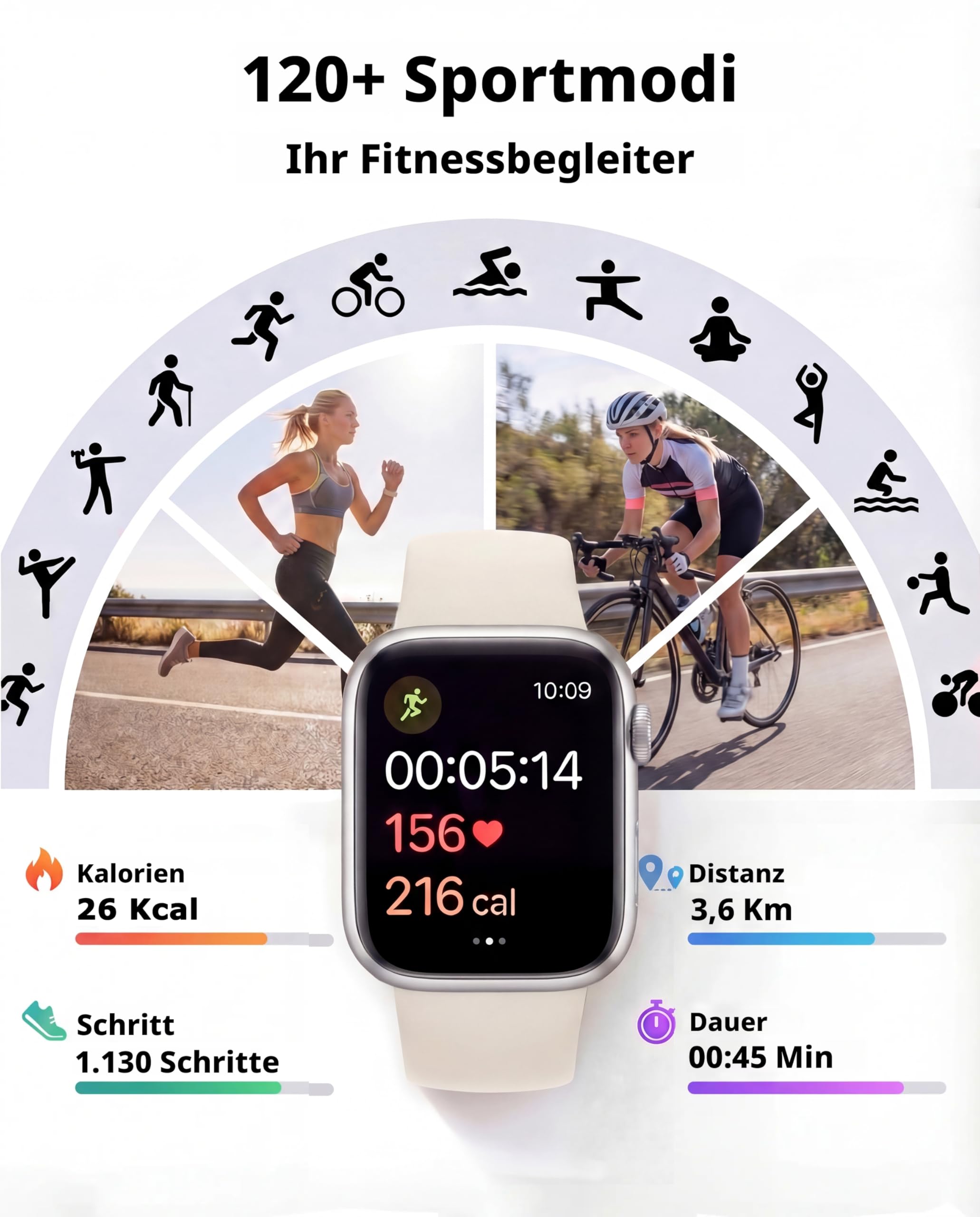 Smartwatch Damen Herren, 1.83" HD Fitnessuhr & Fitness Tracker mit Schrittzähler/Blutdruckmessung/Pulsuhren/Telefonfunktion, Schlaftracker, 120+ Sportmodi, IP68 Wasserdicht Sportuhr für Iphone Android