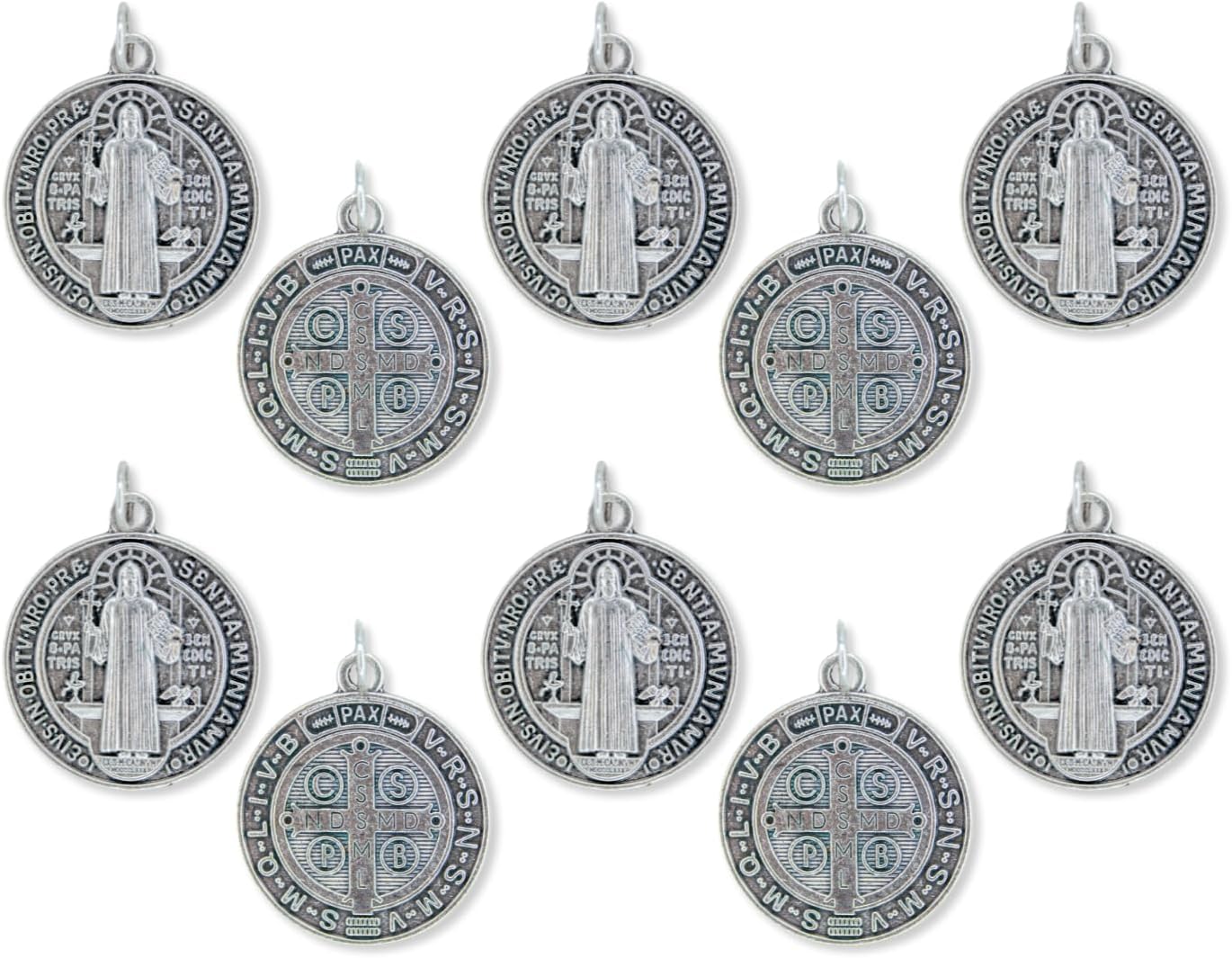 Caritas et Fides Bulk Pack of 10 - St. Benedict Medal Pendant - 1 1/4 Inch Silver Oxidized St. Benedict Medals for Necklace, Catholic Jewelry Made in Italy