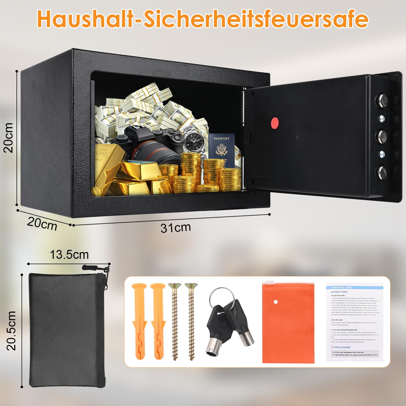 Tresor für zuhause,Möbeltresor Mit Zahlenschloss,31x20x20cm Elektronisch Wandtresor,Safe Tresor Klein,Möbeltresor mit Schlüssel,für Zuhause,Büro,Hotel,Bargeld,Schmuck,Schwarz