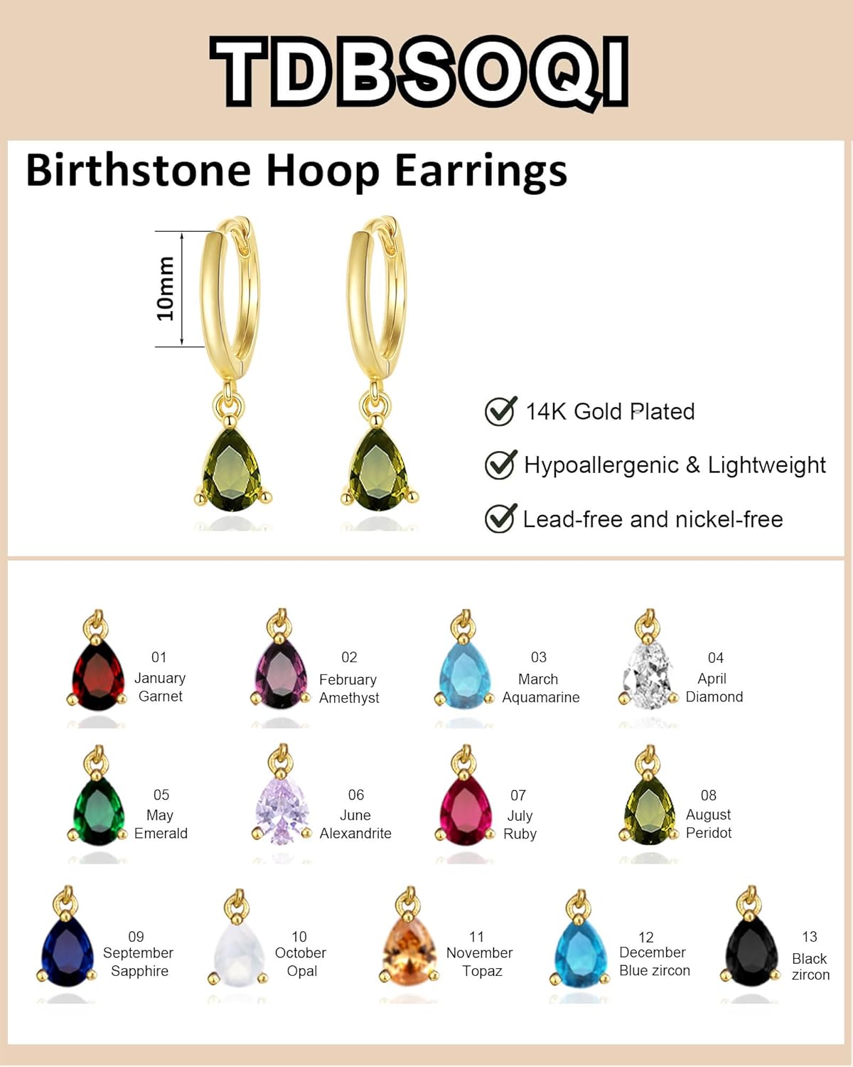 14K Gold Plated Birthstone Hoop Earrings for Women Hypoallergenic Dainty Small Diamond Emerald Green Blue Cubic Zirconia Drop Huggie Earrings for Mom Women Jewelry Birthday Gifts - Image 4