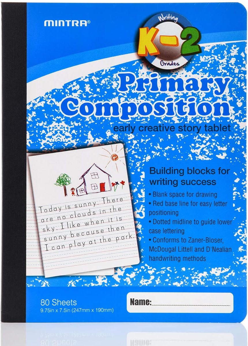 Mintra Primary Composition Notebook, 24 units 6-4 Pack, Assorted Colors, 80 Sheets, 7.5in x 9.75in, 1/2 Sheet, Ruled with Drawing Area, Flexible Hardcover Journal, Grades K-2, School & Home Use