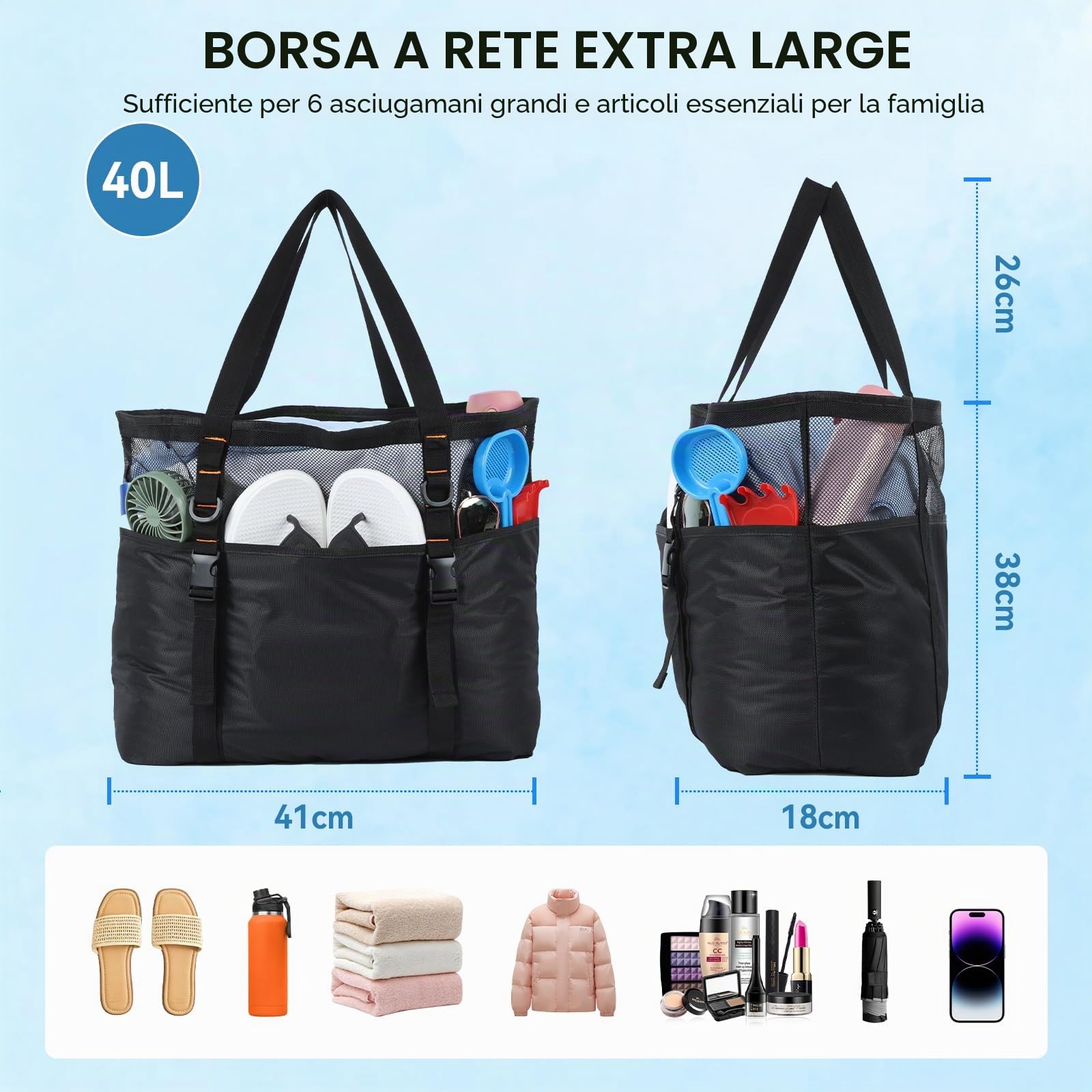 Cozary Borsa Mare Grande 40L, Borsa da Spiaggia Impermeabile con Rete Traforata & Cerniera sul Fondo per la Sabbia - Pieghevole, 6+1 Tasche per Piscina, Viaggi, Sport