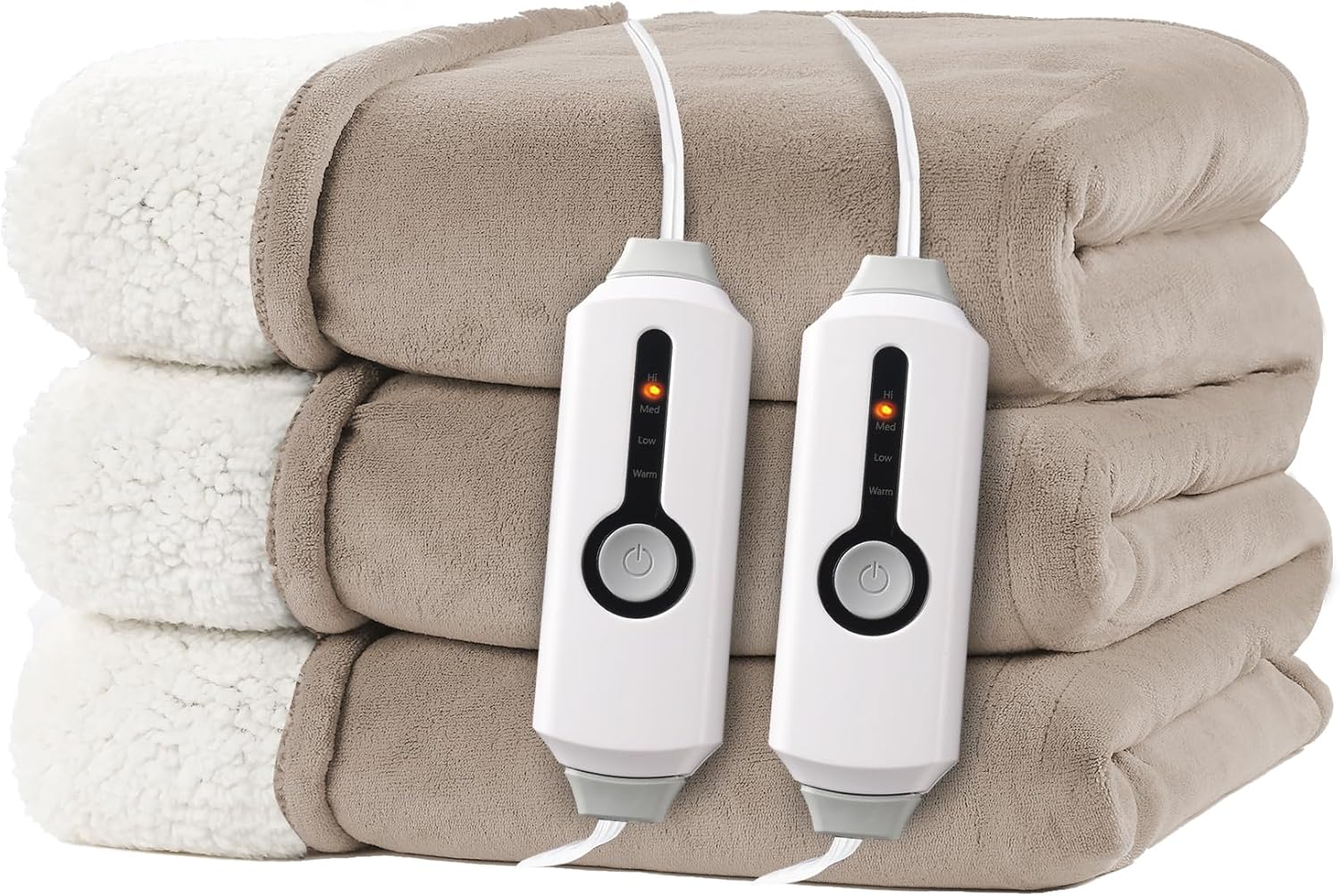 Electric Heated Blanket King Size 90"x100" - Dual-Sided with Microplush & Sherpa Fabric, 4 Heat Settings & 10 Hours Auto Off, Machine Washable - Light Brown