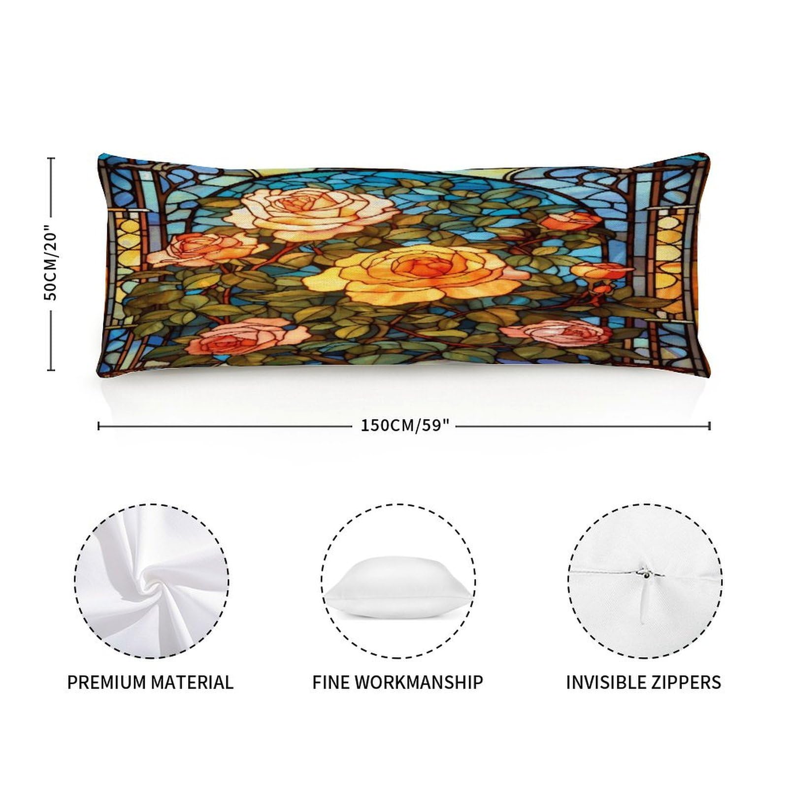 Zipped Body Pillow Case Cover,Valentine's Day Red Pink Rose Floral Stained Glass Decorative Rectangle Accent Long Body Pillowcase 20x59in Mother's Day Birthday Gifts Christmas for Women Girl Mom