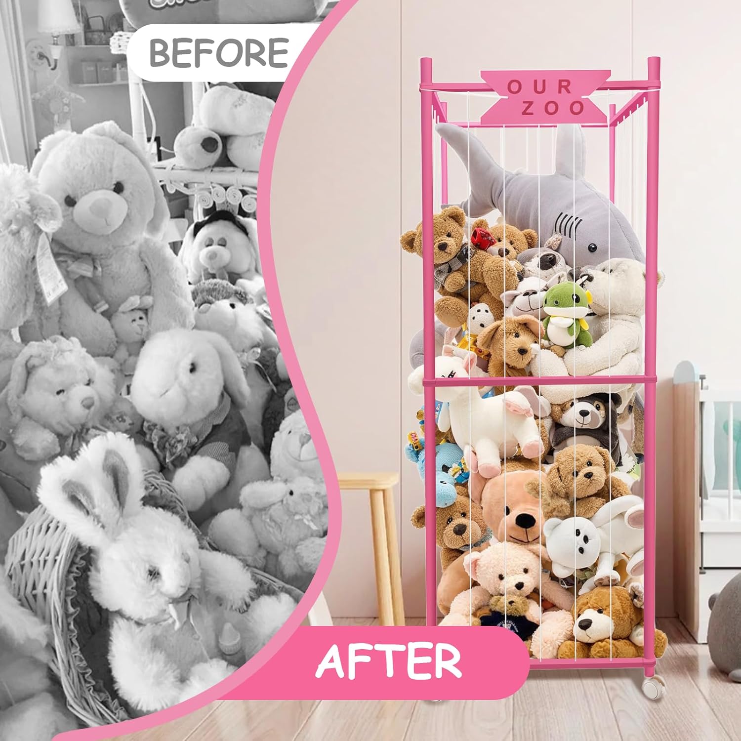 Stuffed Animal Storage Zoo with Wheels, Wooden Large Stuff Animals Plushies Holder Toy Organizer Kids Plush Storage Cage with Elastic Band and Net for Nursery Playroom Corner for Toddler (Pink)