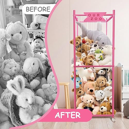 Miniatura 8 de Zoológico de almacenamiento de animales de peluche con ruedas, soporte de madera grande de peluches de animales, organizador de juguetes para niños,