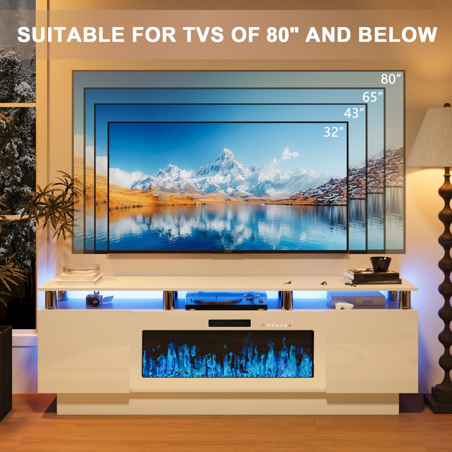 Image showing the TV stand with various TV sizes (32, 43, 65, 80 inches) superimposed, indicating its compatibility with TVs up to 80 inches.