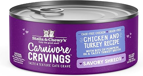 Stella & Chewy's Carnivore Cravings Savory Shreds Latas - Alimento húmedo para gatos sin granos, rico en proteínas, receta de pollo y pavo sin jaula