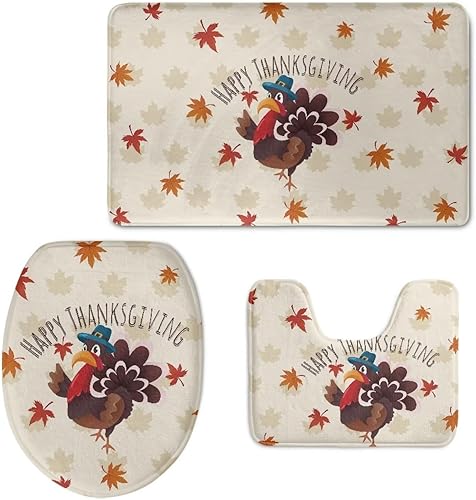 Coloranimal Juego de 3 alfombras de baño para día de Acción de Gracias, diseño de hojas de arce feliz, pavo, para ducha, suelo, tapa de inodoro y