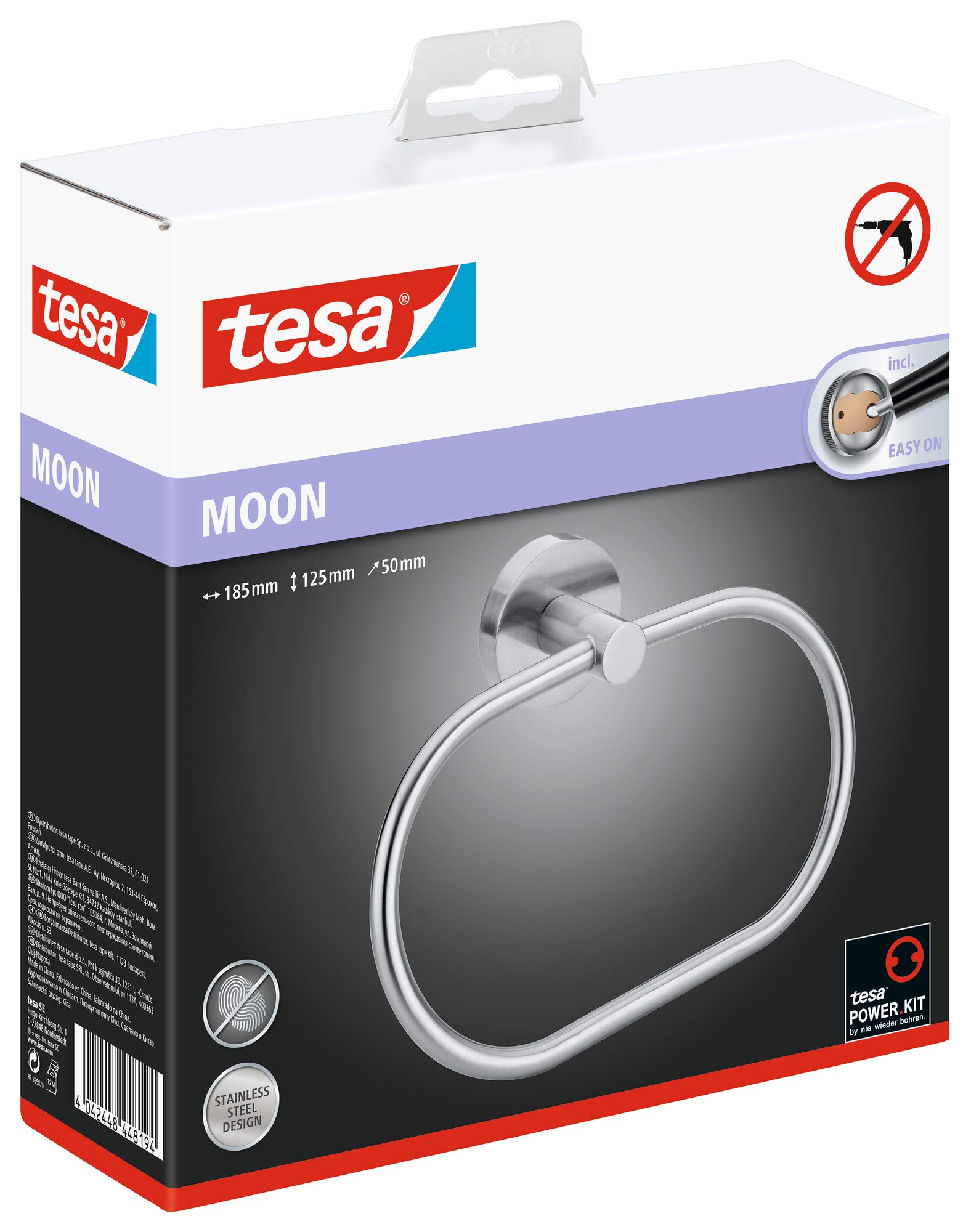 Tesa Moon Dispenser Sapone per Bagno, Look Acciaio Inox, Autoadesivo, Tecnologia di Montaggio Adesiva, 155mm x 70mm x 110mm