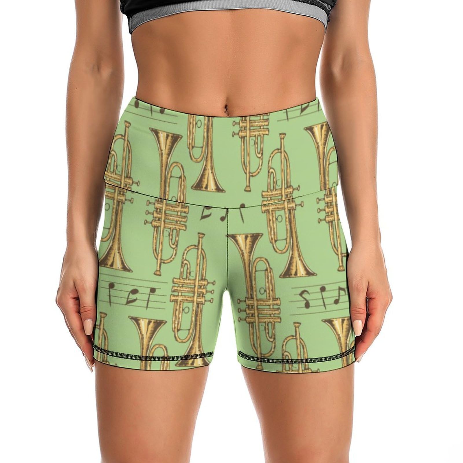 Golden Trombones of Music Notes Pattern High Waist Yoga Shorts for Women Athletic Shorts Leggings Running Pants