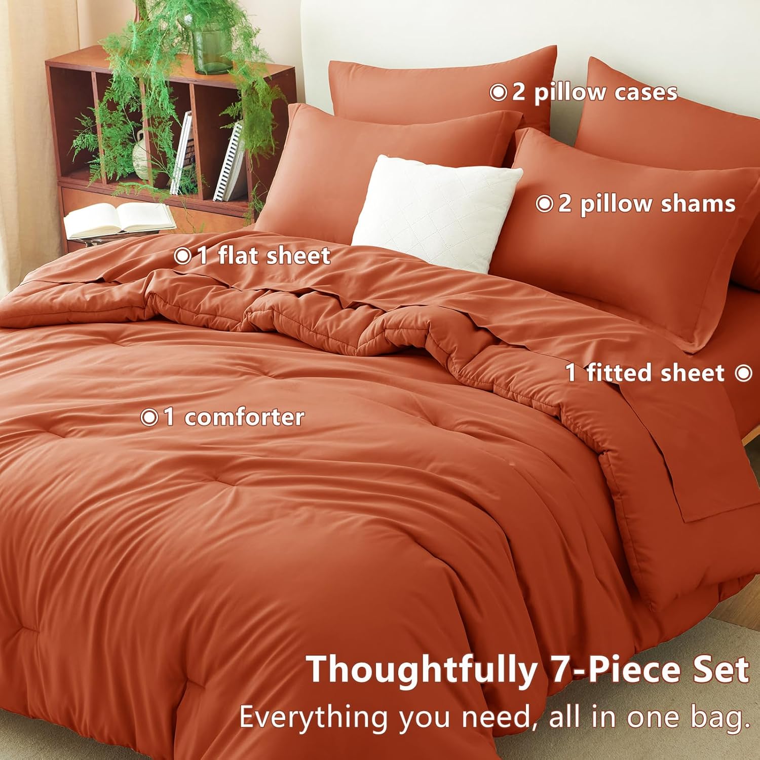 CozyLux Queen Comforter Set Burnt Orange, 7 Pieces Bed in a Bag Queen Size Comforter Set with Sheets, Terracotta Bedding Sets with Down Alternative Comforter, Sheets, Pillow Shams and Pillowcases - Image 6