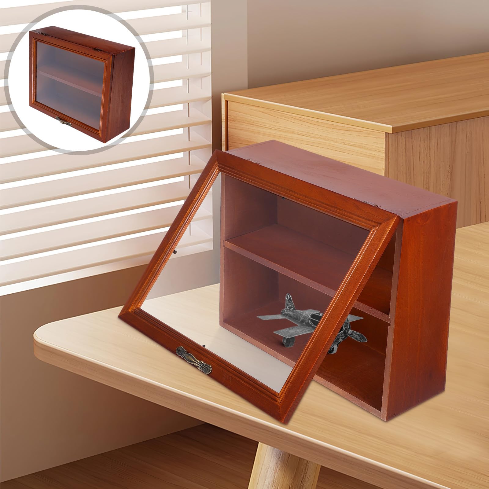 Expositor de Colecciones en Madera Maciza Acabado Envejecido, Vitrina Pequeña para Escritorio Puerta de Acrílico Adecuado para Almacenamiento y Organización de Objetos