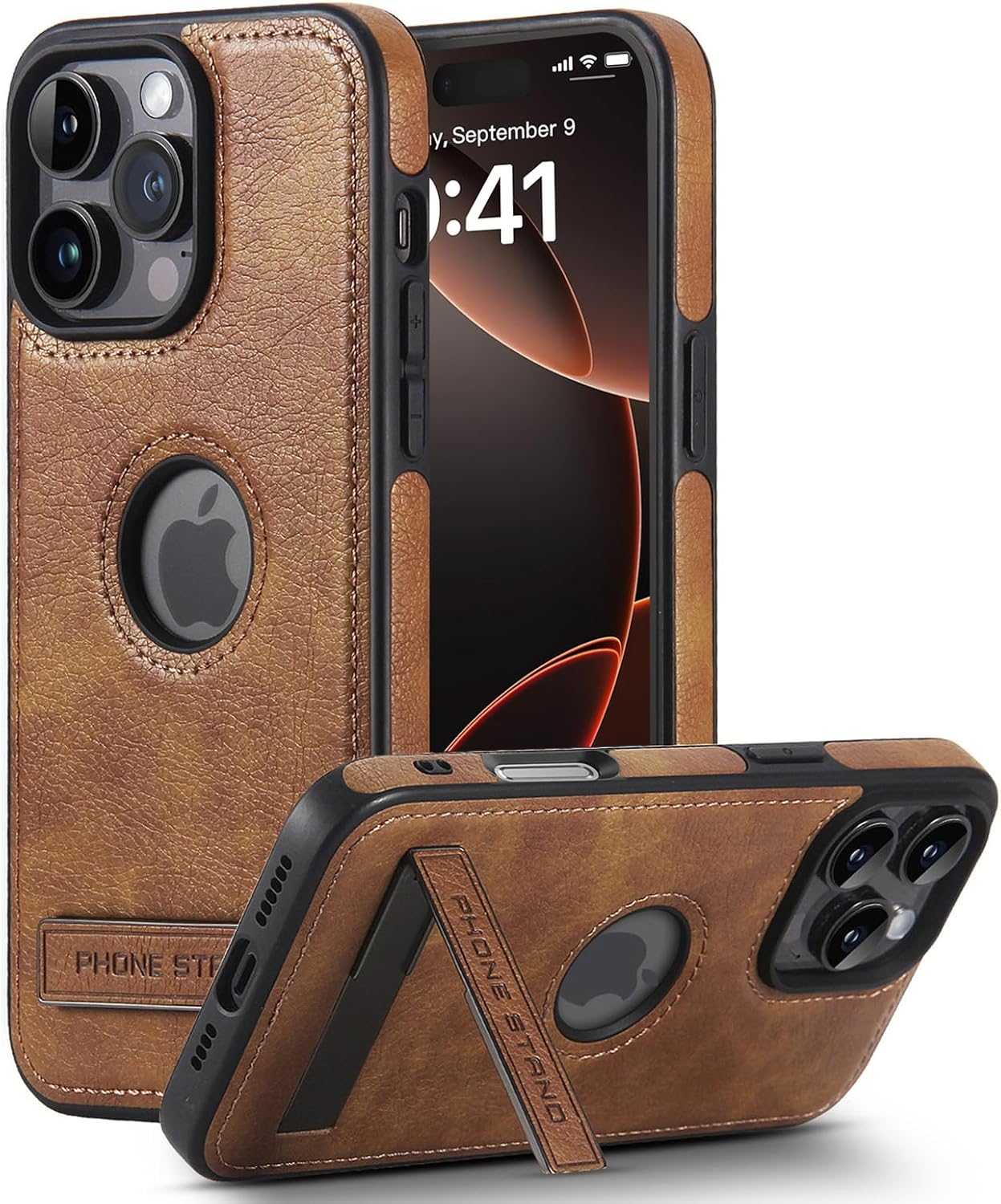 KSELF Leather Case for iPhone 16 Pro Max Case, Protective Slim with Kickstand Shockproof Phone Cases, Built-in Invisible Stand Compatible with iPhone 16 Pro Max 6.9'', Brown