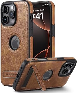 Leather Case for iPhone 16 Pro Max Case, Protective Slim with Kickstand Shockproof Phone Cases, Built-in Invisible Stand Compatible with iPhone 16 Pro Max 6.9'', Brown