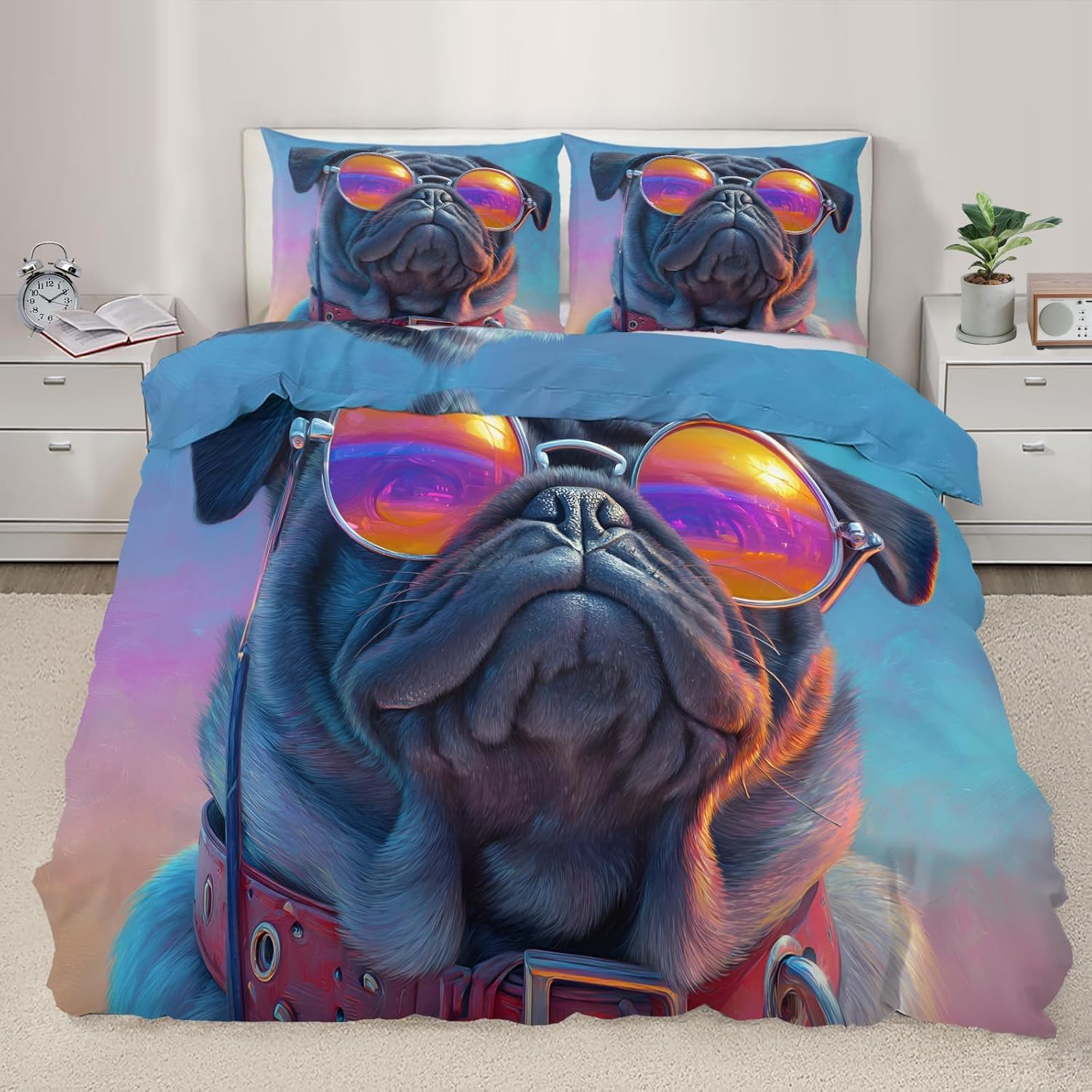 NDXRWDZR Single Bedding Set Pug Duvet Cover for Kids Soft Hypoallergenic Microfiber Duvet Cover with Zipper Closure, 1 Duvet Cover 135x200 cm + 2 Pillowcases 50x75 cm