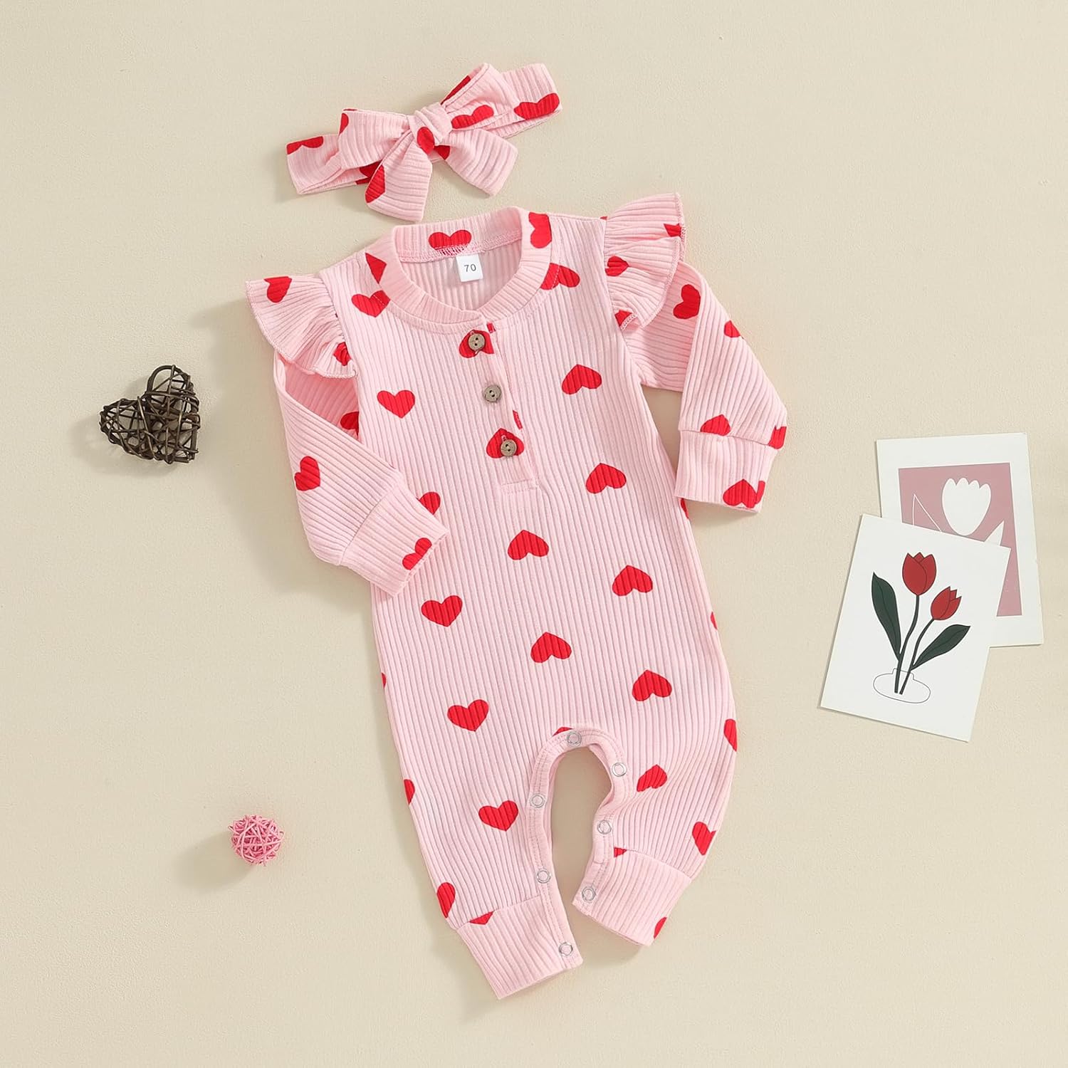 Ledy Champswiin Newborn Baby Girl Valentine Clothes Infant Heart Print Romper Jumpsuit One Piece Outfit - Image 5