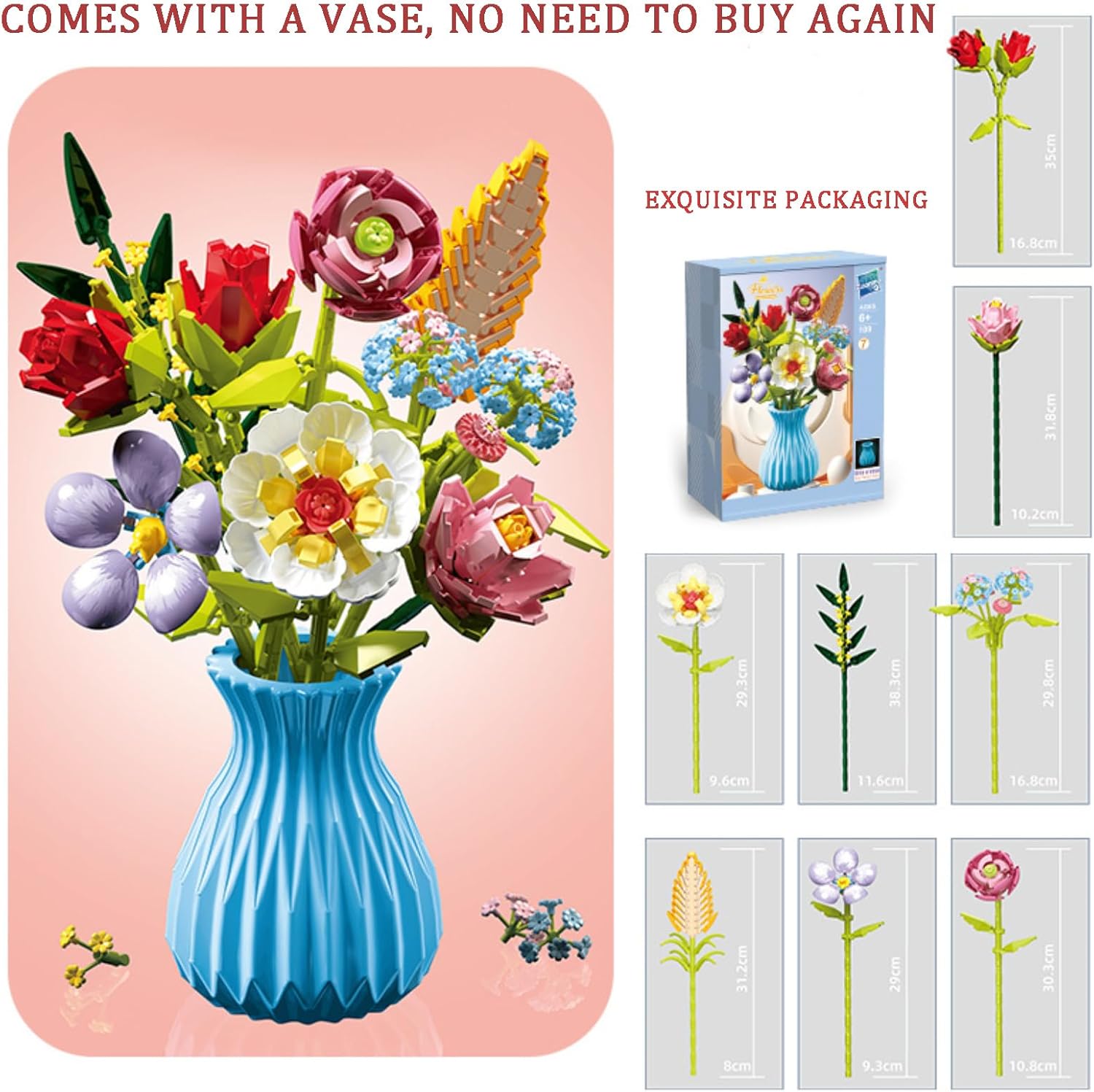 Flowers Bouquet Building Set with Vase Compatible with Lego, 691PCS Artificial Flowers for Home Decor, Wildflower Botanical Collection for Home Decor, Gift for Her & Him and Kids Girls