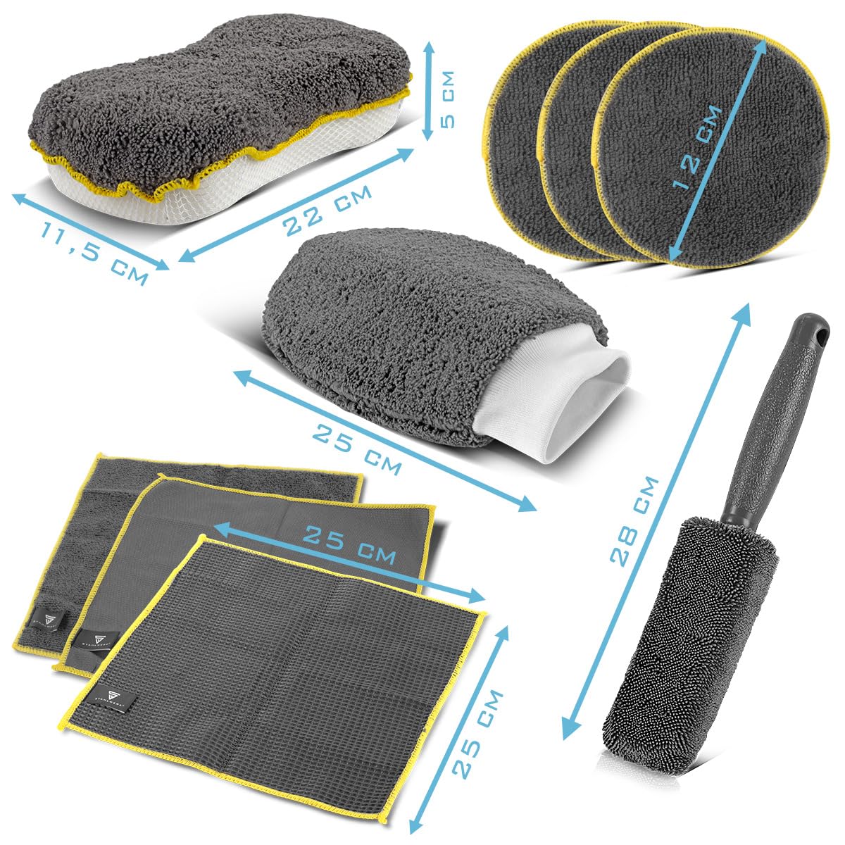 STAHLWERK Werkstatt- und Auto-Detailing-Set 21-teilig | Werkstatthocker 118 kg, Druckluft-Reinigungspistole mit Tornado-Effekt und Autoreinigungs-Set aus Mikrofaser