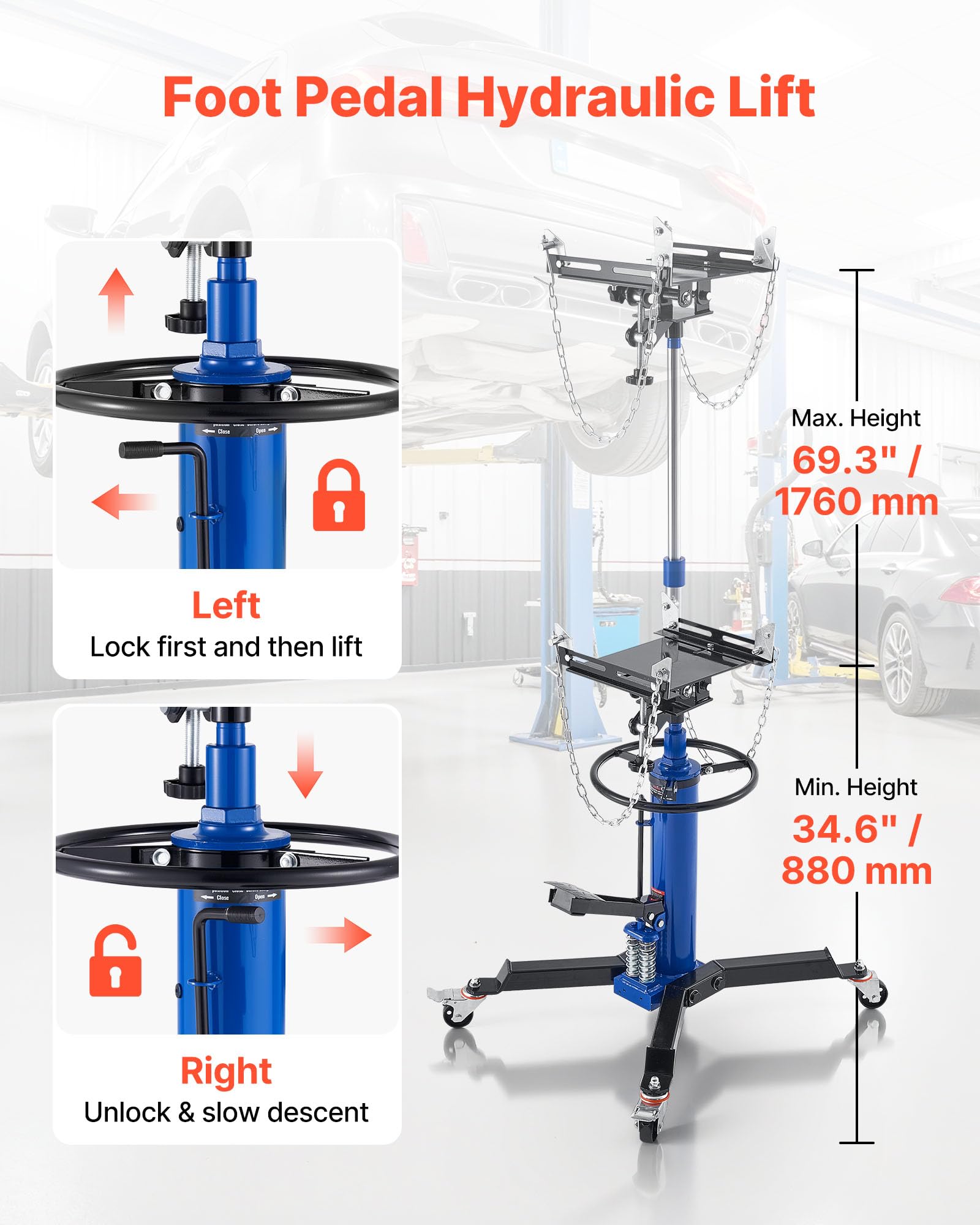 VEVOR Hydrauliczny lewarek przekładniowy podnośnik samochodowy o udźwigu 600 kg, teleskopowy podnośnik przekładni z pedałem i podwójną przekładnią teleskopową i wysokością podnoszenia 88-176 cm