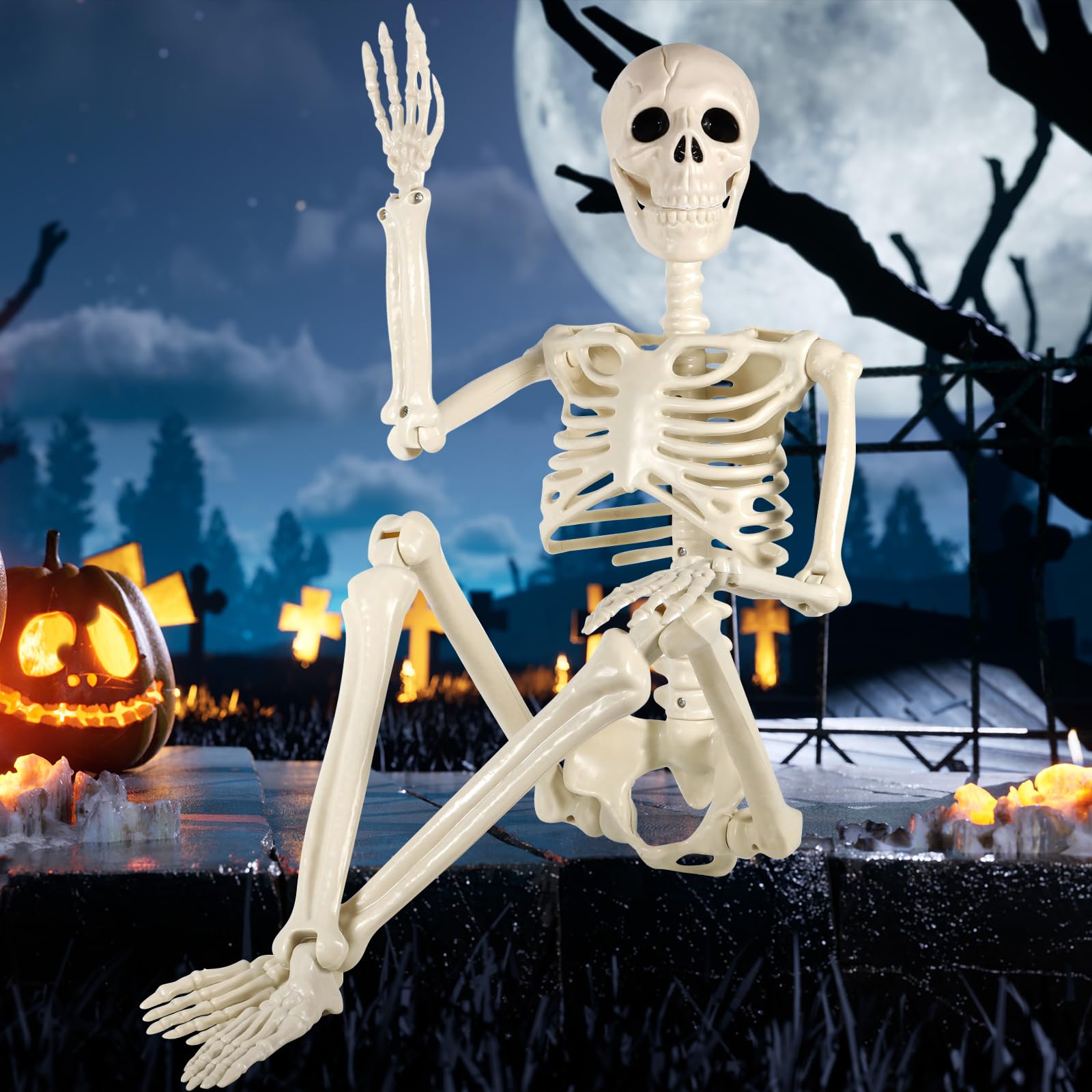 Squelette Lumineux Halloween 90 Cm – Articulations Mobiles, Mâchoire Qui Bouge – Décoration Effrayante Pour Jardin, Maison, Terrasse (facile à Installer) - 10