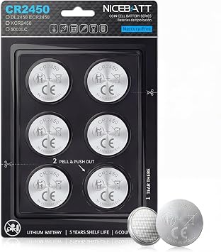 NICEBATT Cr2450 3V Lithium Battery 6 Pack, Long Lasting Power for Key Fob,Door Sensor, Security System and More 2450 Batteries